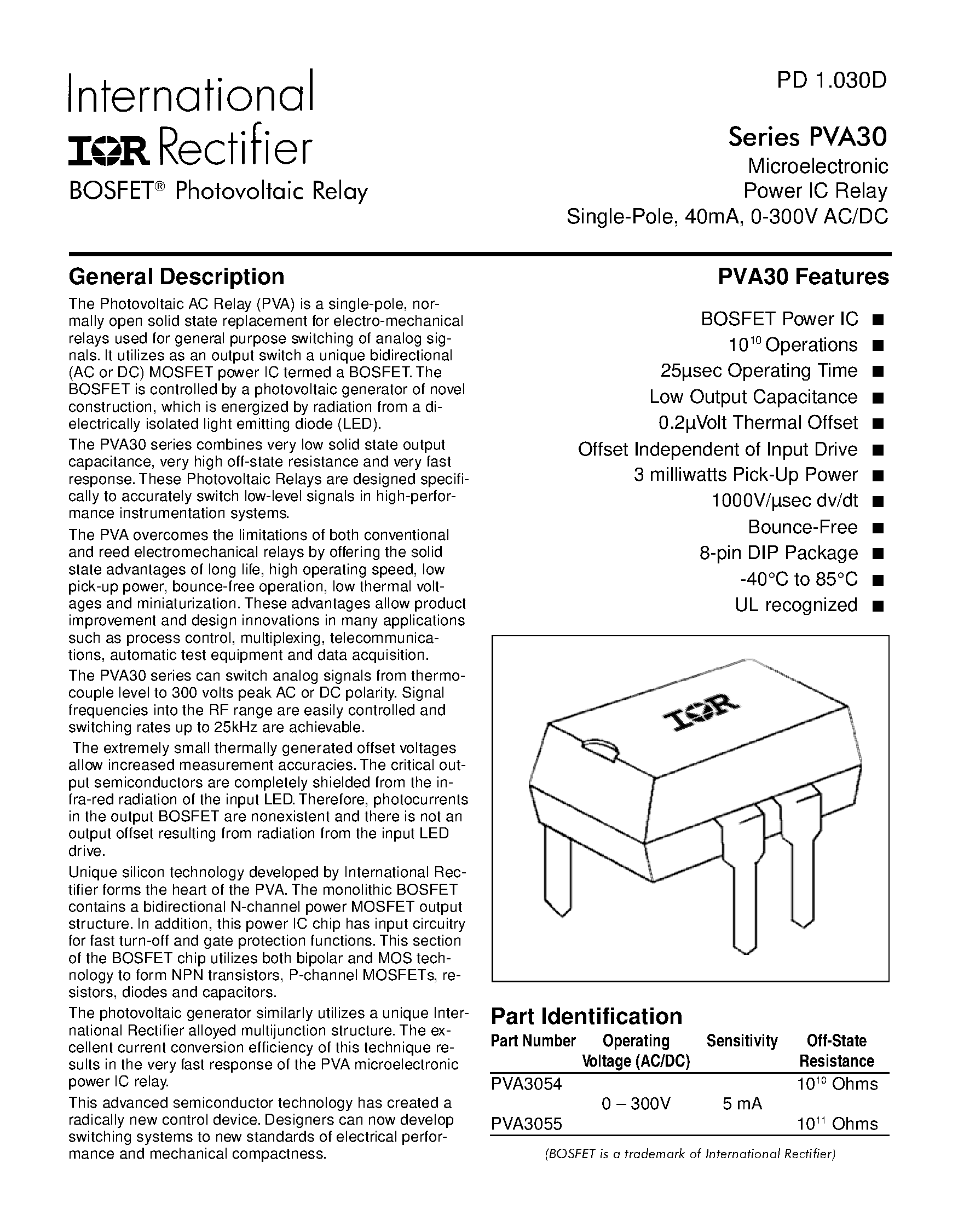 Datasheet PVA30 page 1 Datasheet PVA30 - Photovoltaic Relay Microelectronic Power IC Relay Single-Pole/ 40mA/ 0-300V AC/DC page 1