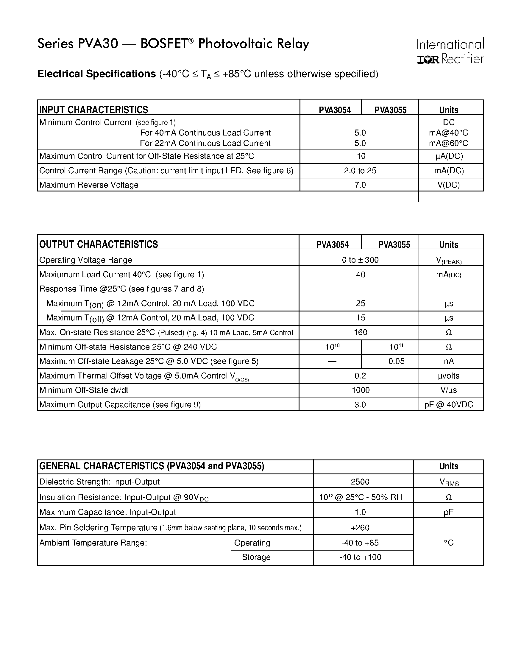 Datasheet PVA30 page 2 Datasheet PVA30 - Photovoltaic Relay Microelectronic Power IC Relay Single-Pole/ 40mA/ 0-300V AC/DC page 2