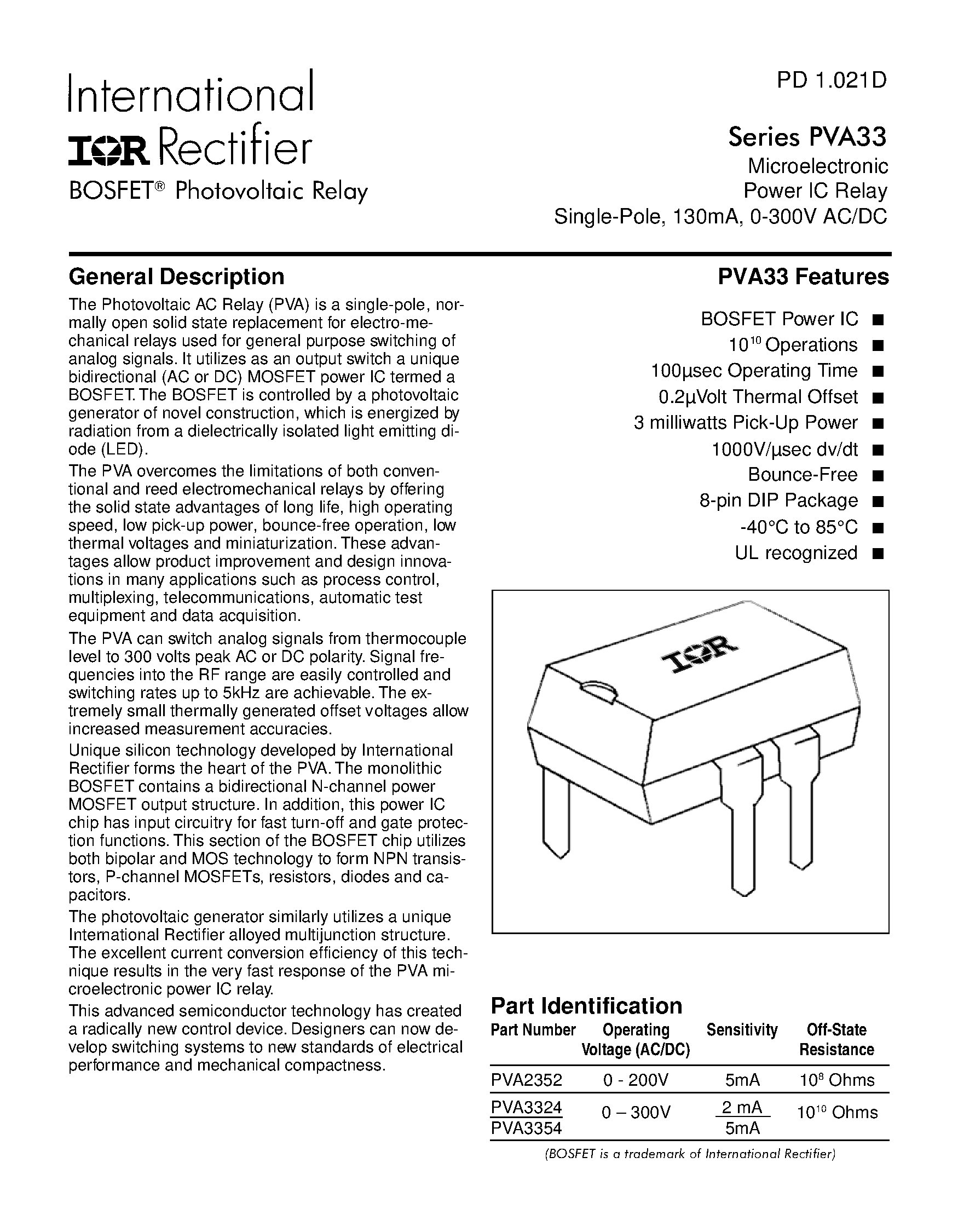 Datasheet PVA33 page 1 Datasheet PVA33 - Photovoltaic Relay Microelectronic Power IC Relay Single-Pole/ 130mA/ 0-300V AC/DC page 1