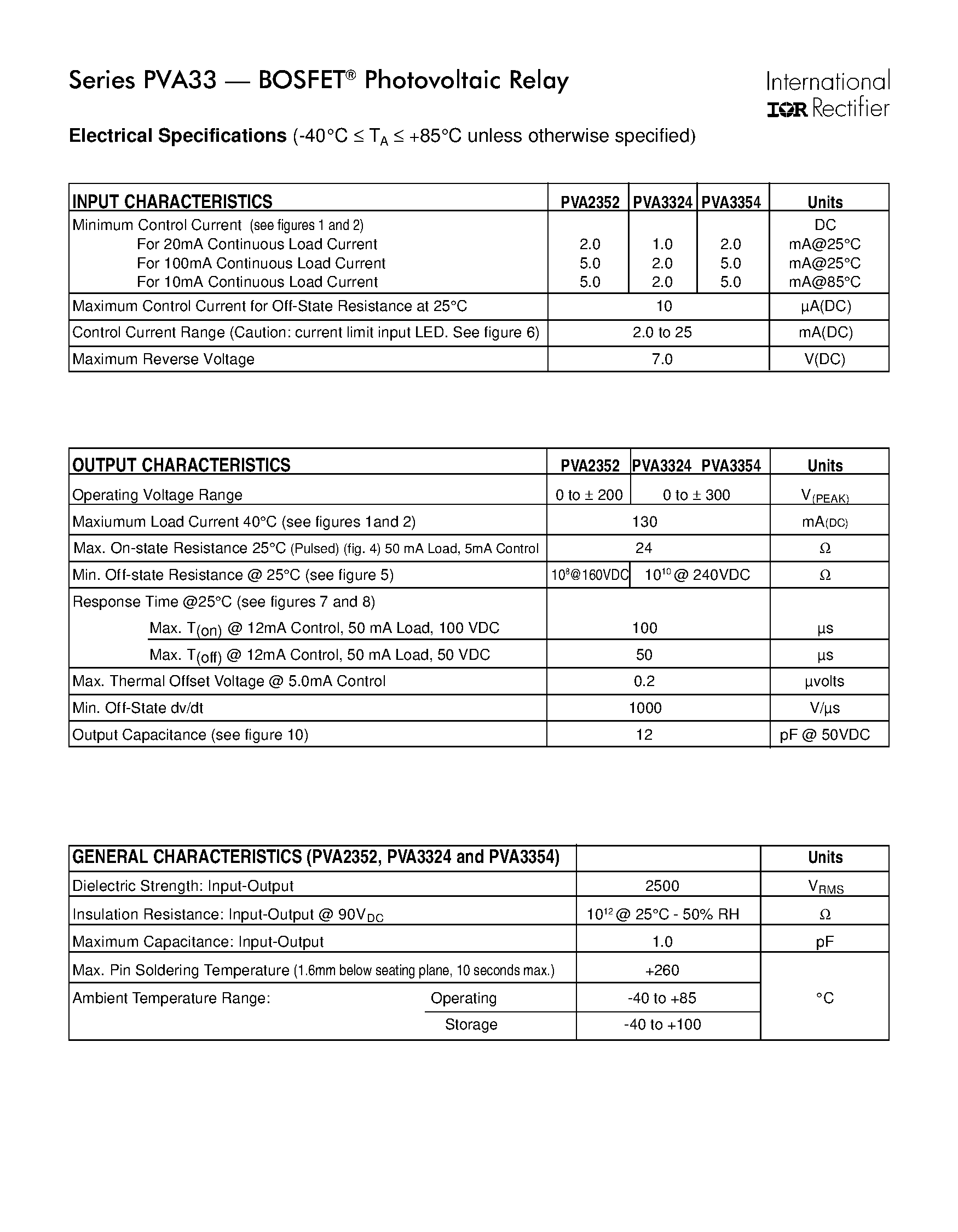 Datasheet PVA33 page 2 Datasheet PVA33 - Photovoltaic Relay Microelectronic Power IC Relay Single-Pole/ 130mA/ 0-300V AC/DC page 2