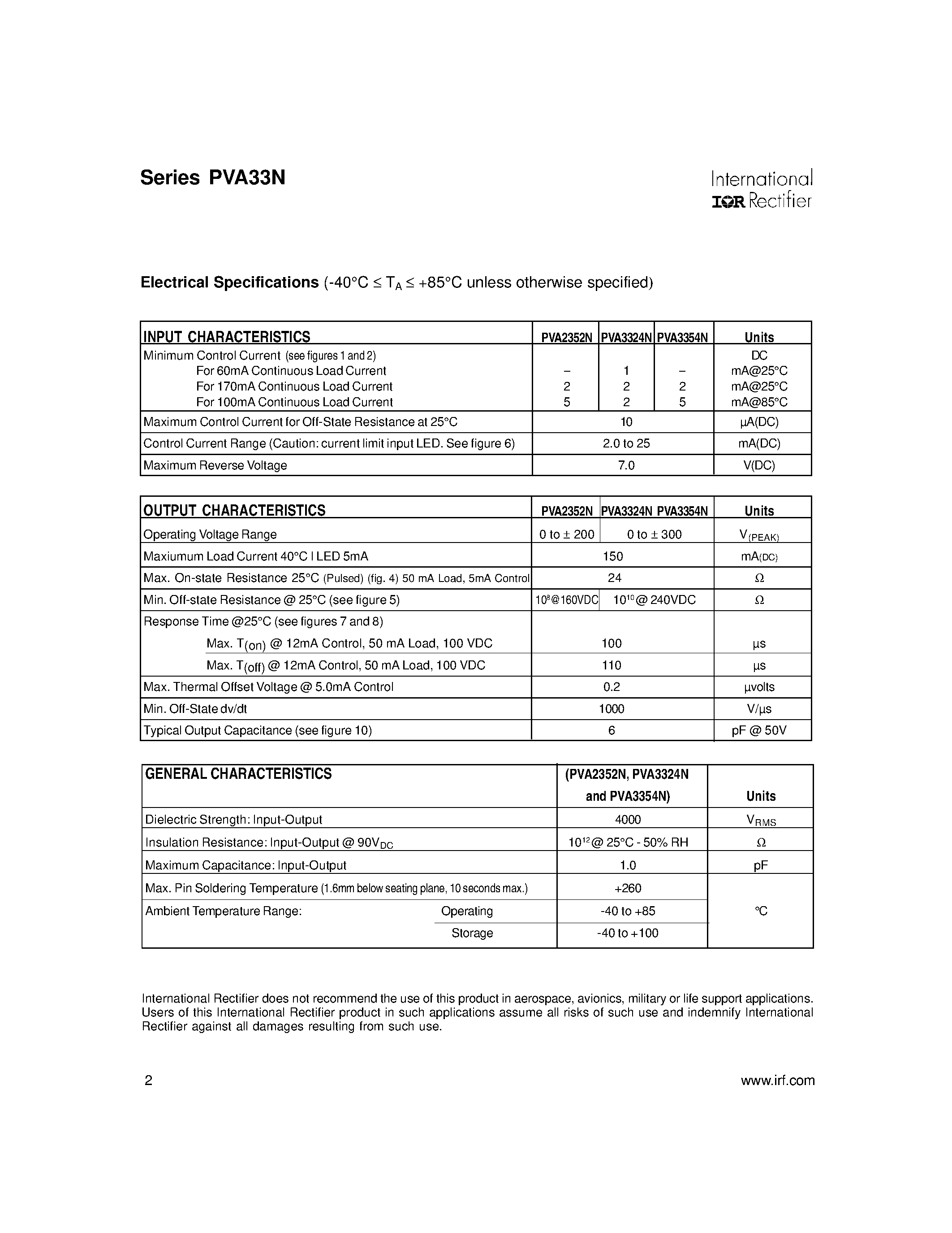 Datasheet PVA3354NS - Microelectronic Power IC HEXFET Power MOSFET Photovoltaic Relay Single-Pole/ Normally-Open 0-300V AC/DC/ 150mA page 2