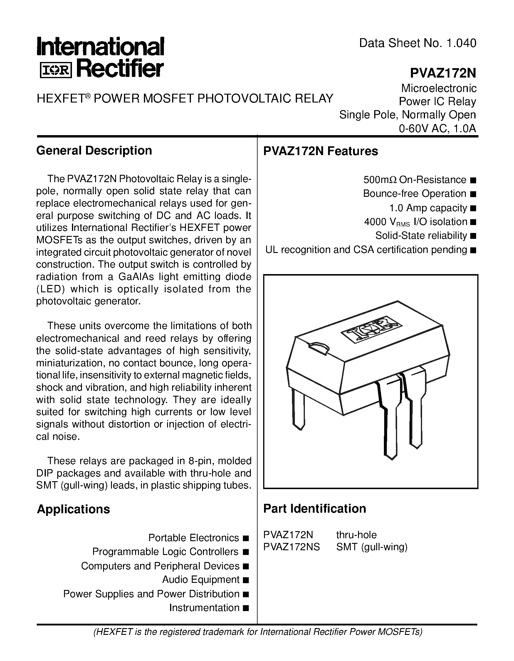 Datasheet PVAZ172 - POWER MOSFET PHOTOVOLTAIC RELAY Microelectronic Power IC Relay Single Pole/ Normally Open 0-60V AC/ 1.0A page 1