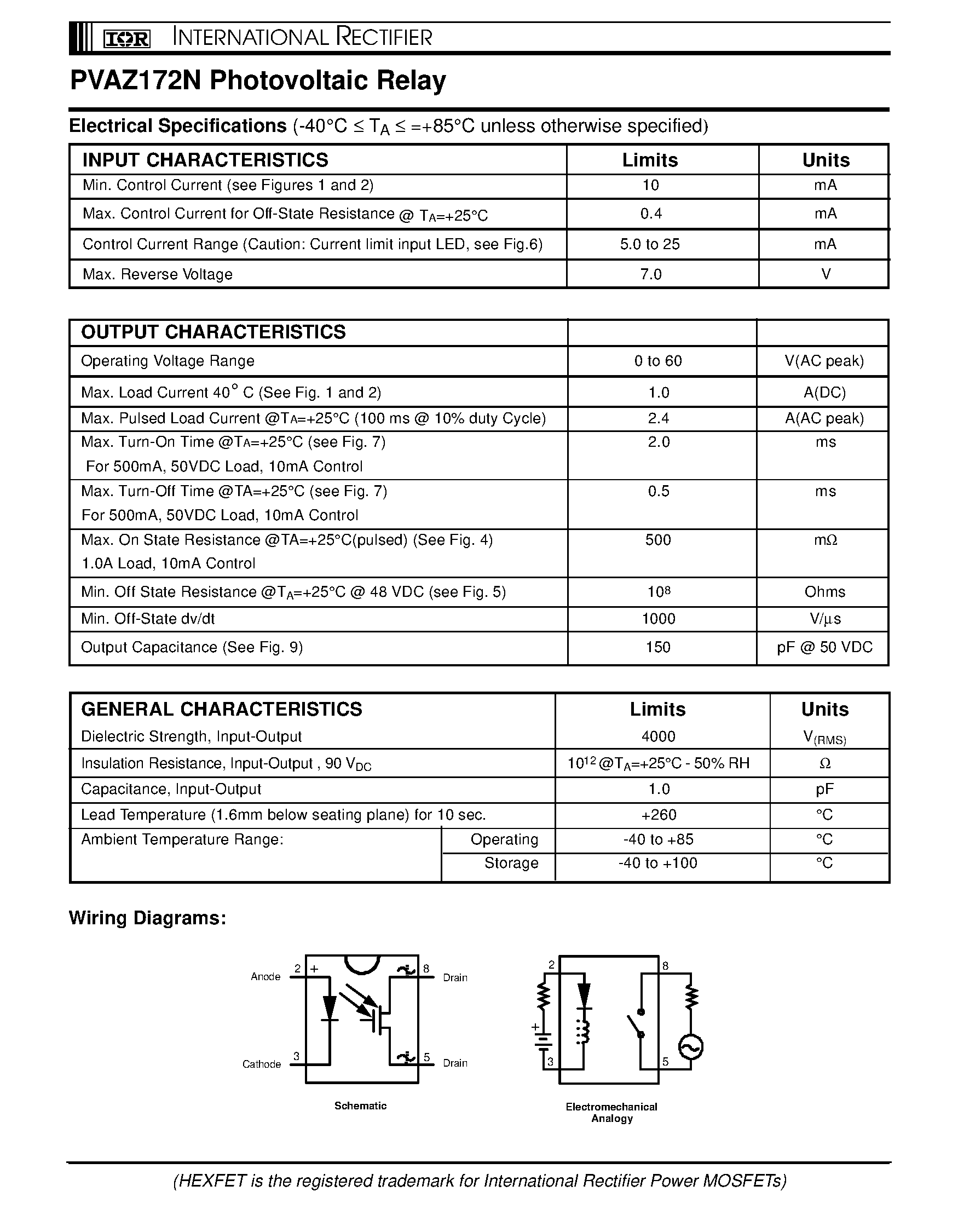 Datasheet PVAZ172 - POWER MOSFET PHOTOVOLTAIC RELAY Microelectronic Power IC Relay Single Pole/ Normally Open 0-60V AC/ 1.0A page 2