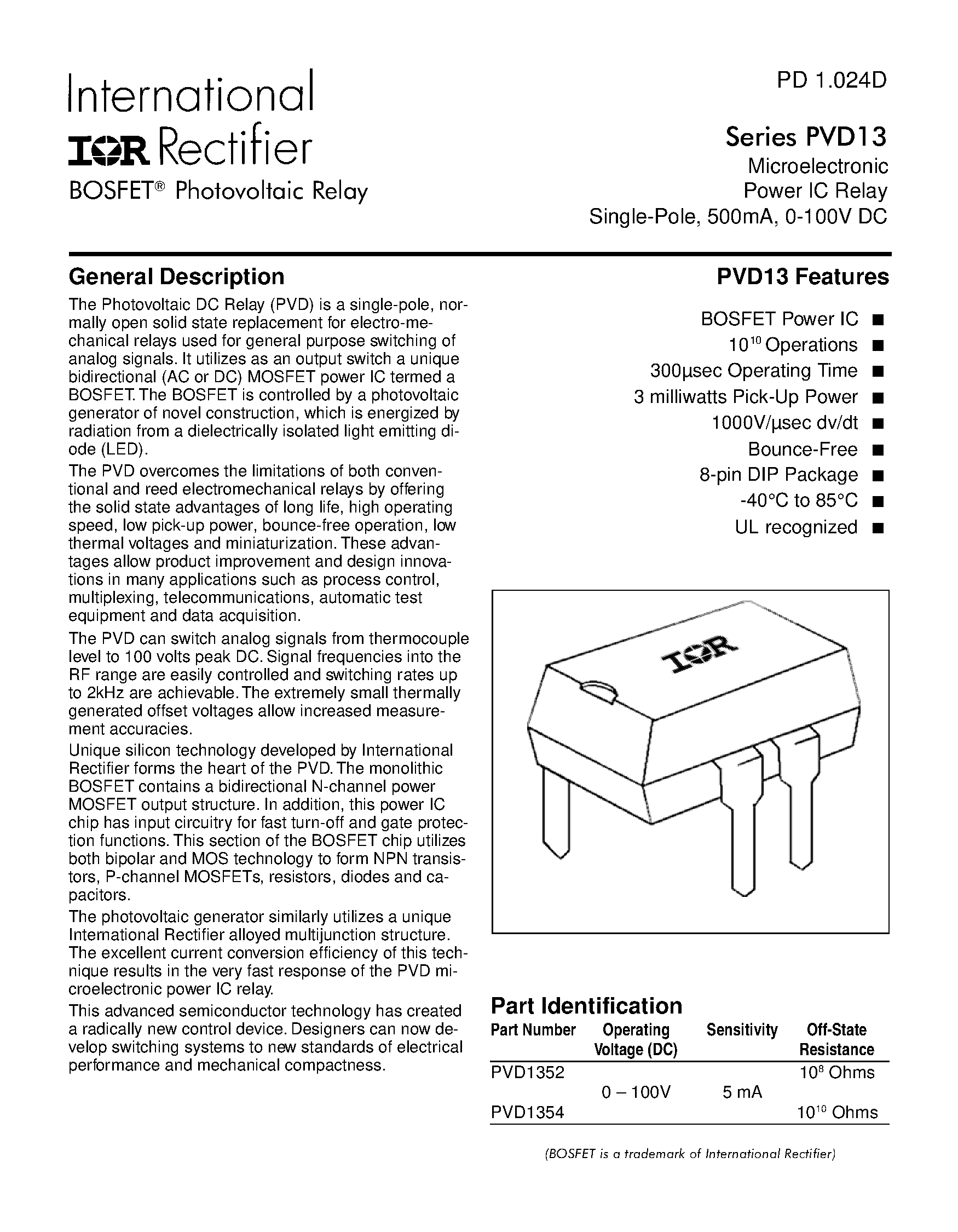 Datasheet PVD13 - Photovoltaic Relay Microelectronic Power IC Relay Single-Pole/ 500mA/ 0-100V DC page 1