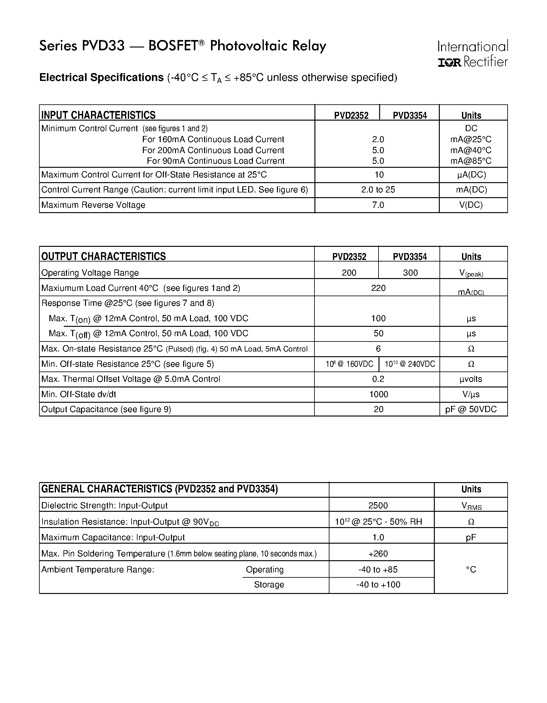 Datasheet PVD33 page 2 Datasheet PVD33 - Photovoltaic Relay Microelectronic Power IC Relay Single-Pole/ 220mA/ 0-300V DC page 2