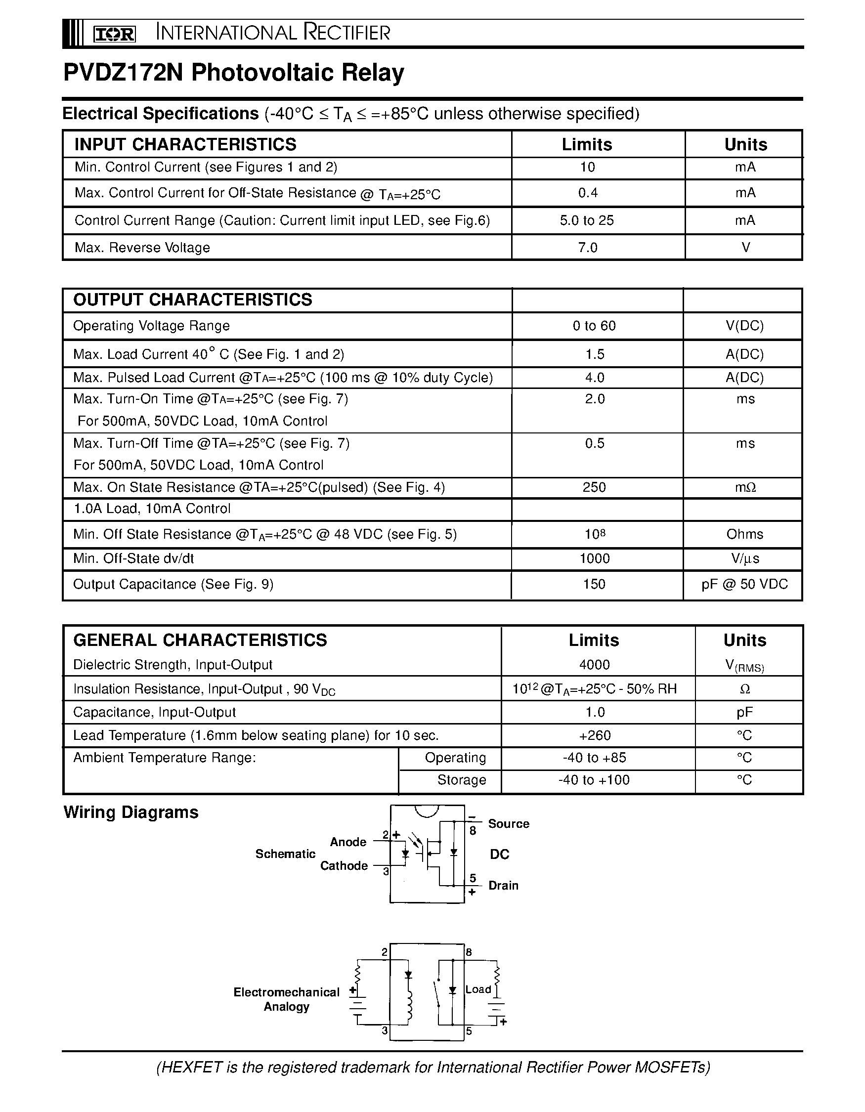Datasheet PVDZ172N page 2 Datasheet PVDZ172N - POWER MOSFET PHOTOVOLTAIC RELAY Microelectronic Power IC Relay Single Pole/ Normally Open 0-60V DC/ 1.5A page 2