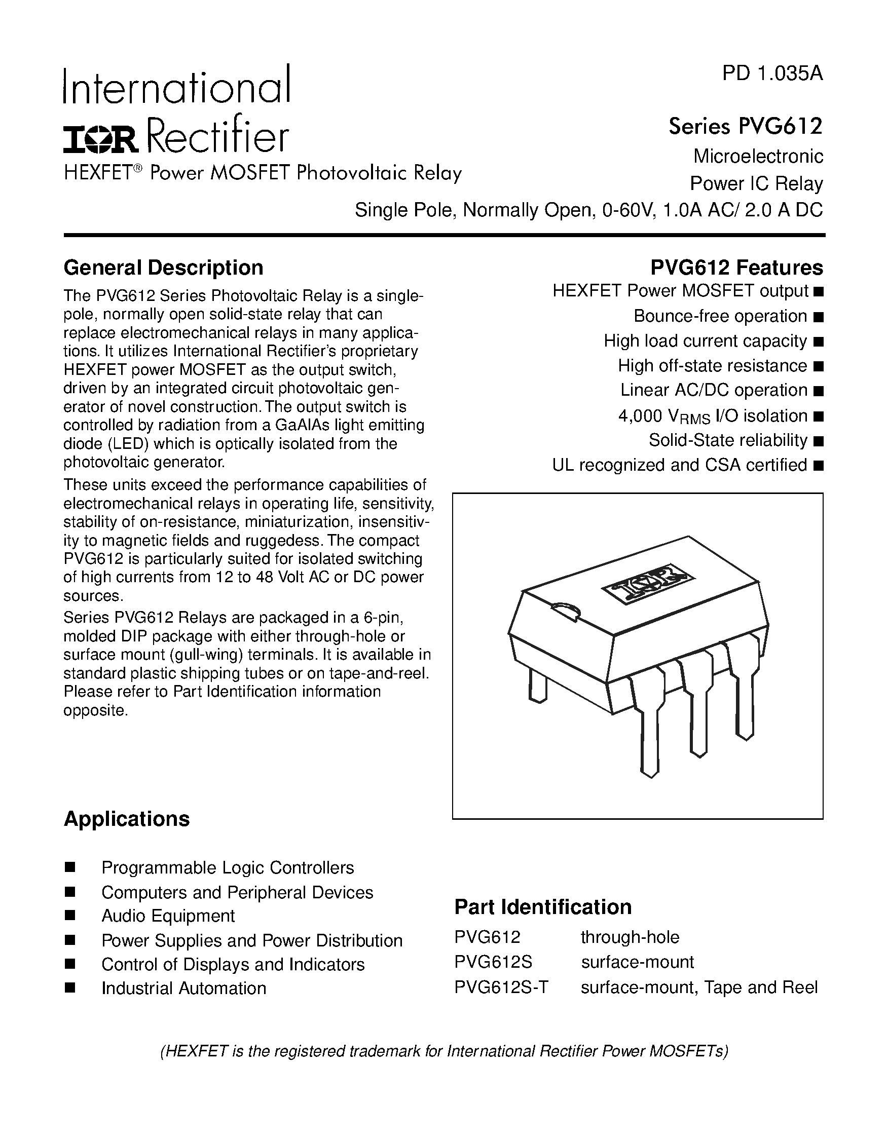 Datasheet PVG612 - Power MOSFET Photovoltaic Relay Microelectronic Power IC Relay Single Pole/ Normally Open/ 0-60V/ 1.0A AC/ 2.0 A DC page 1