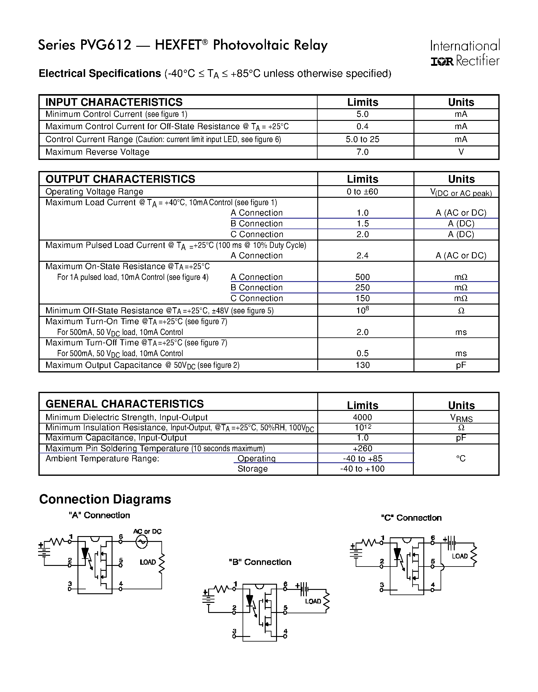 Datasheet PVG612 - Power MOSFET Photovoltaic Relay Microelectronic Power IC Relay Single Pole/ Normally Open/ 0-60V/ 1.0A AC/ 2.0 A DC page 2