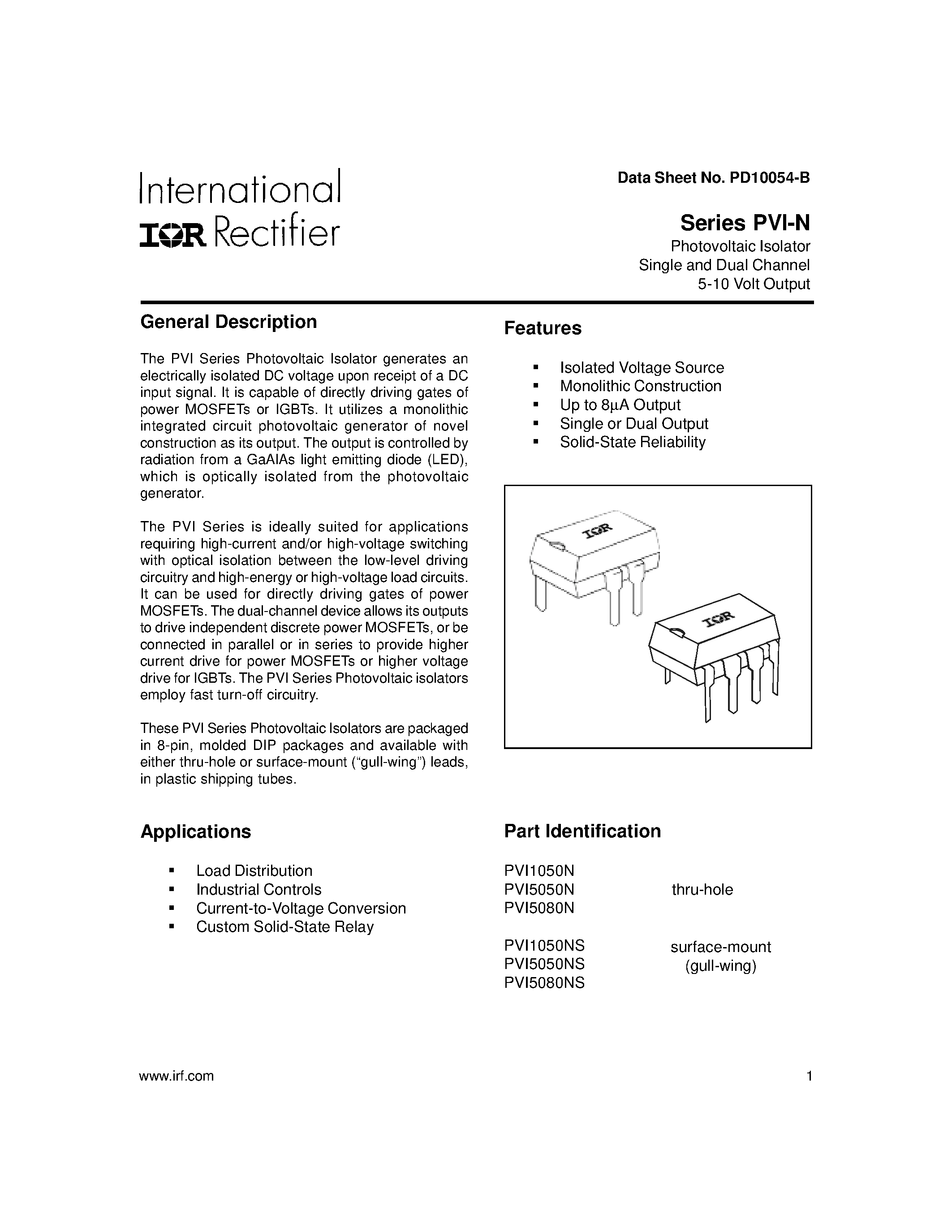 Datasheet PVI1050NS - Photovoltaic Isolator Single and Dual Channel 5-10 Volt Output page 1