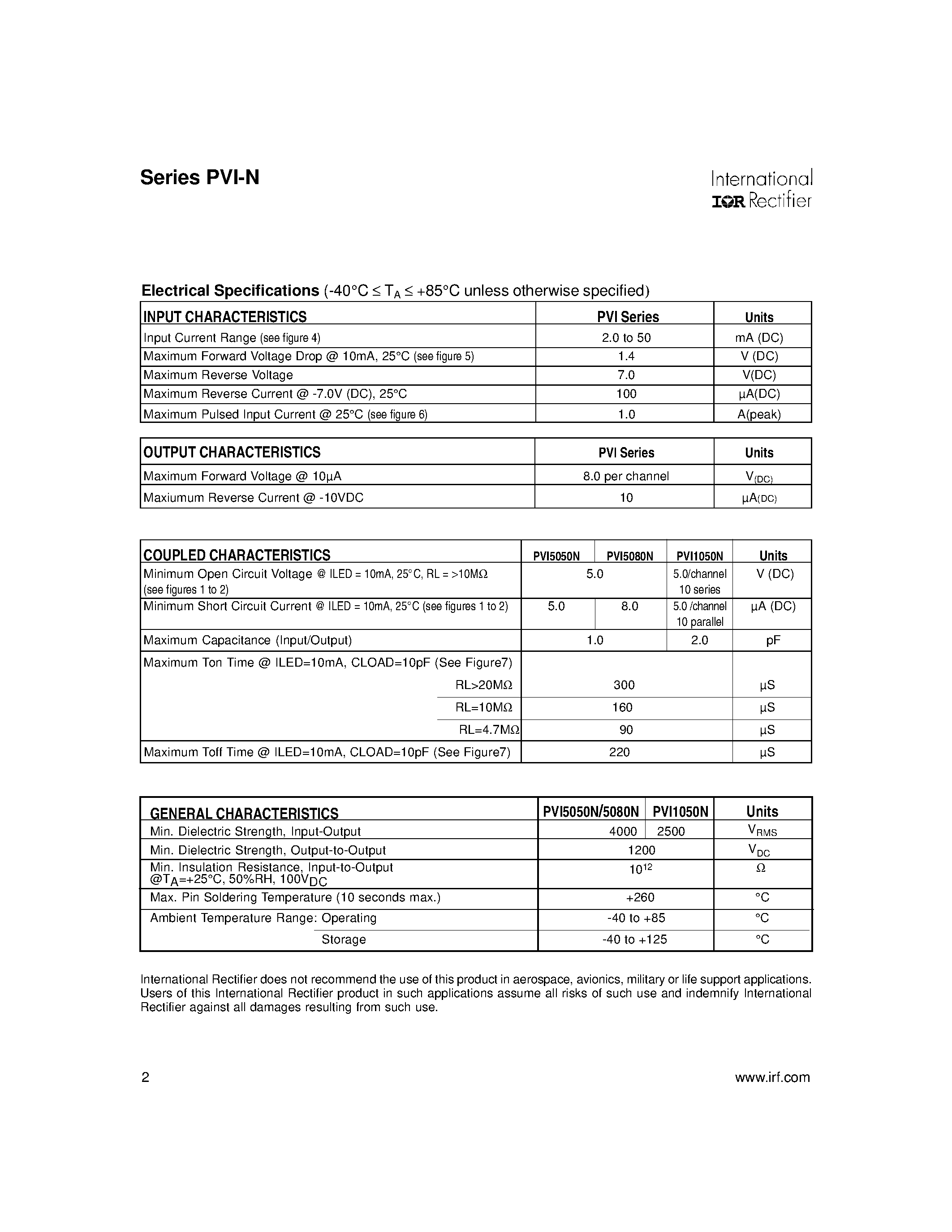 Datasheet PVI1050NS - Photovoltaic Isolator Single and Dual Channel 5-10 Volt Output page 2
