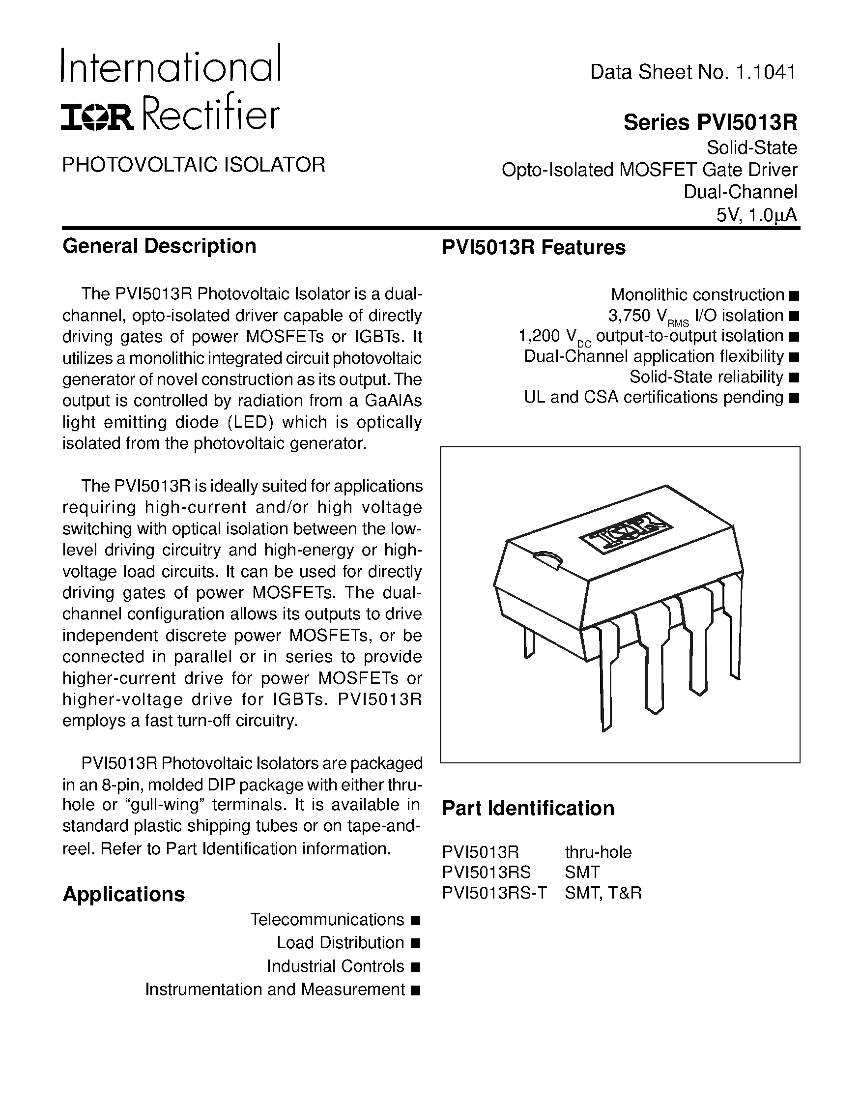 Datasheet PVI5013R - PHOTOVOLTAIC ISOLATOR Solid-State Opto-Isolated MOSFET Gate Driver Dual-Channel 5V/ 1.0mA page 1