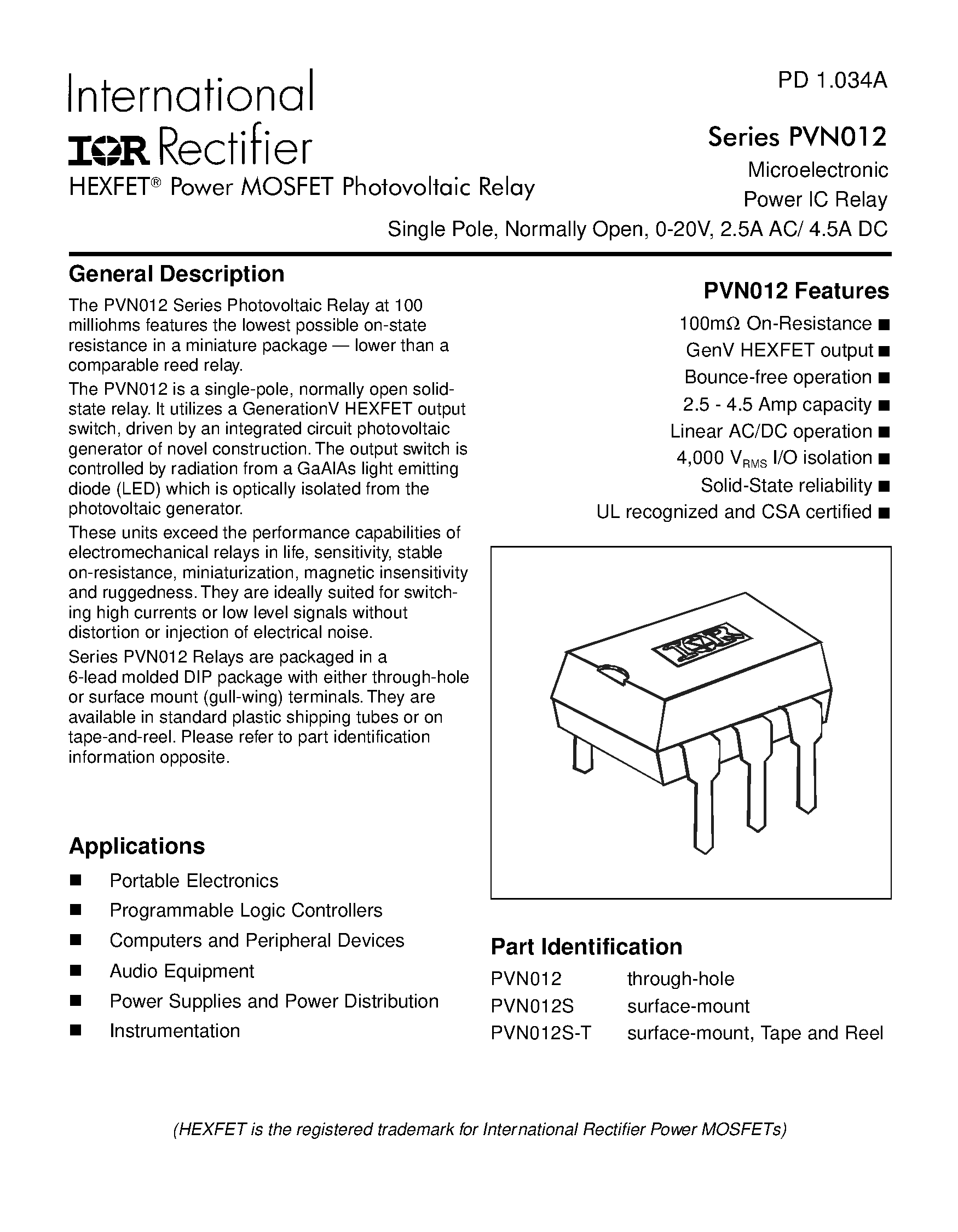 Datasheet PVN012 - Power MOSFET Photovoltaic Relay Microelectronic Power IC Relay Single Pole/ Normally Open/ 0-20V/ 2.5A AC/ 4.5A DC page 1