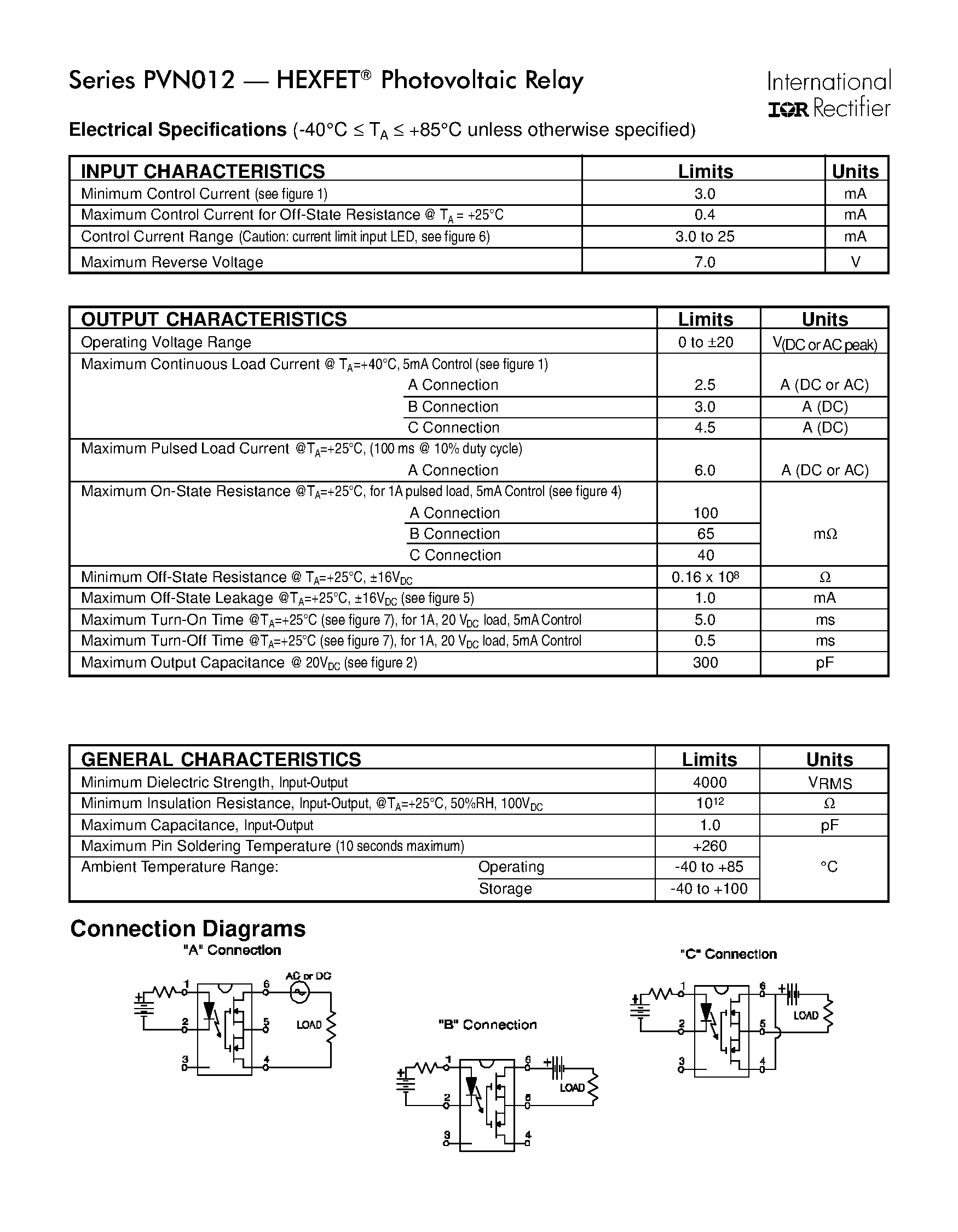 Datasheet PVN012 - Power MOSFET Photovoltaic Relay Microelectronic Power IC Relay Single Pole/ Normally Open/ 0-20V/ 2.5A AC/ 4.5A DC page 2