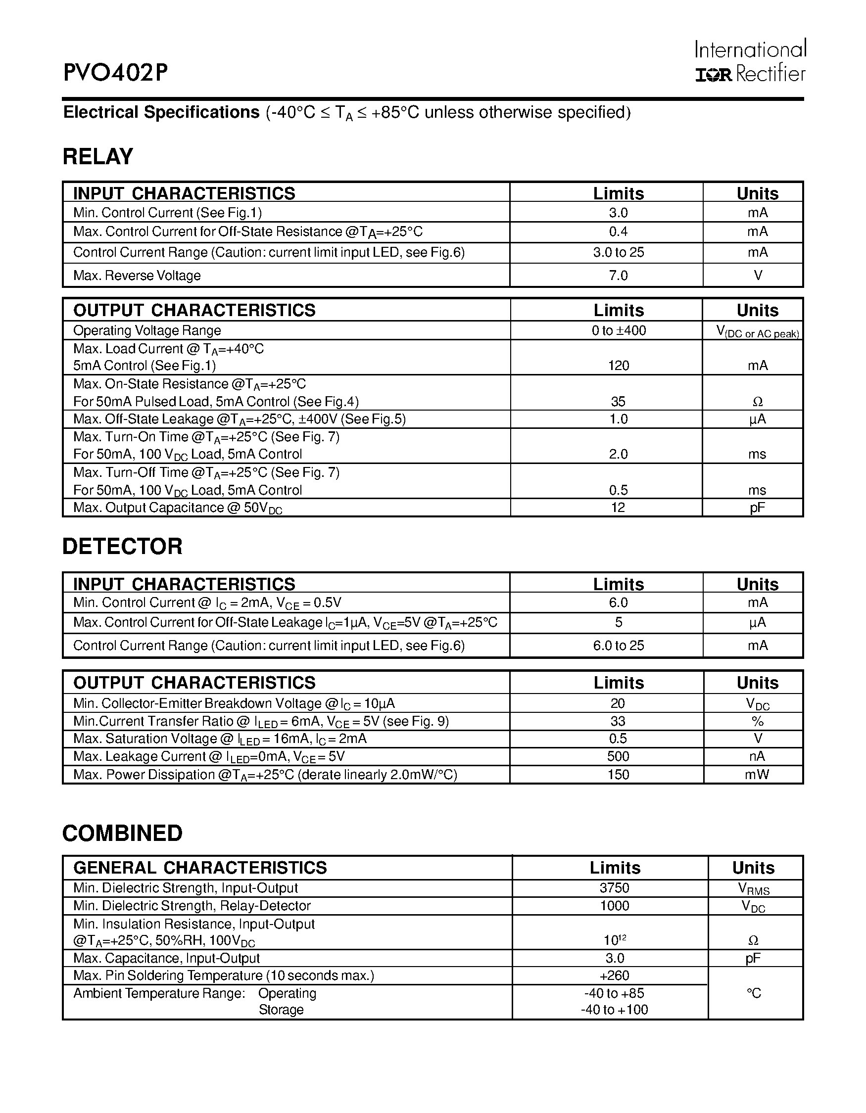 Datasheet PVO402P page 2 Datasheet PVO402P - POWER MOSFET PHOTOVOLTAIC RELAY Microelectronic Power IC Relay Dual Pole/ Normally Open Ring Detector 0-400V/ 120mA AC/DC page 2