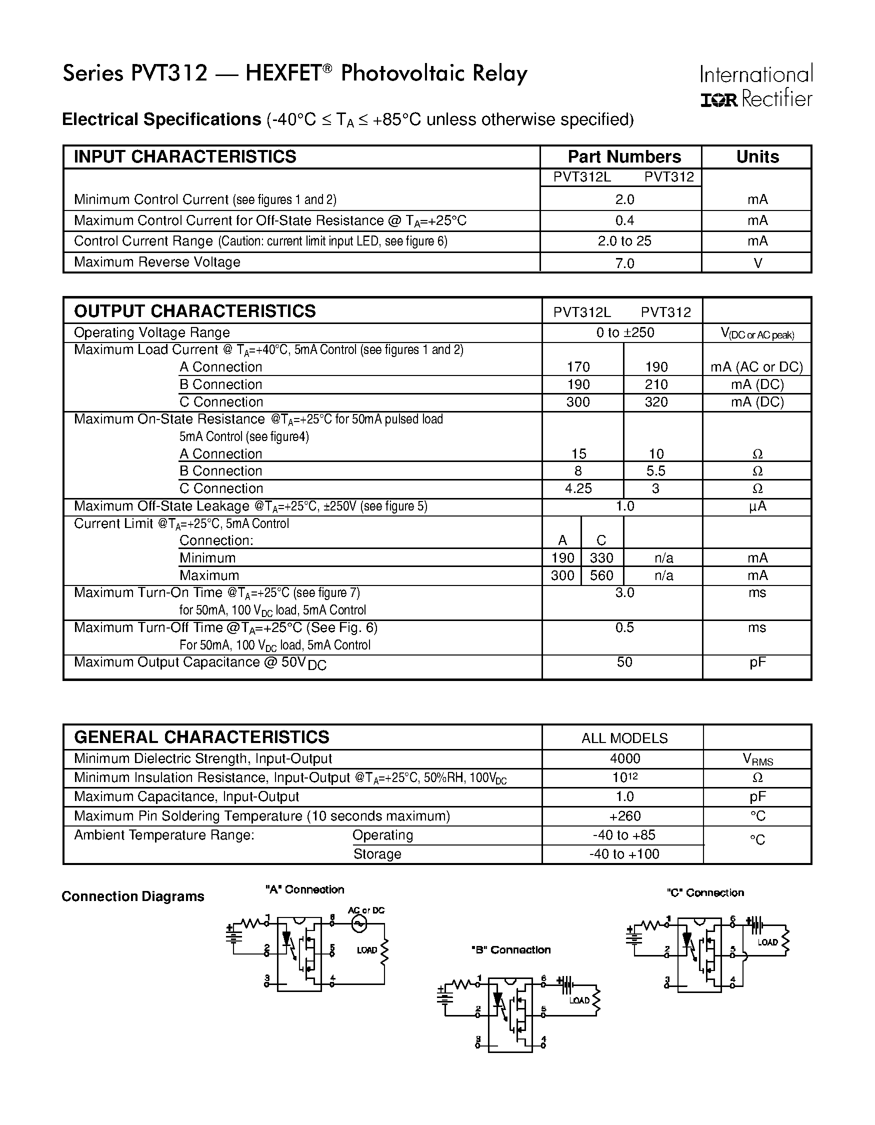 Datasheet PVT312 - Microelectronic Power IC Relay Single Pole/ Normally Open/ 0-250V/ 190mA AC/DC page 2
