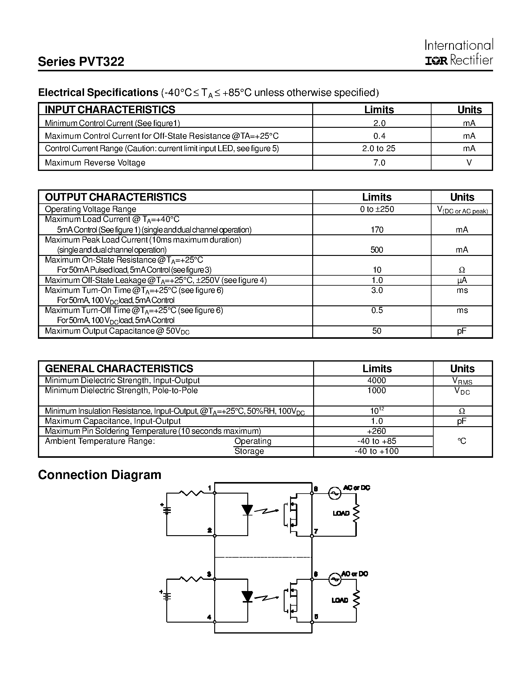 Datasheet PVT322 - Microelectronic Power IC Relay Dual Pole/ Normally Open 0-250V/ 170mA AC/DC page 2