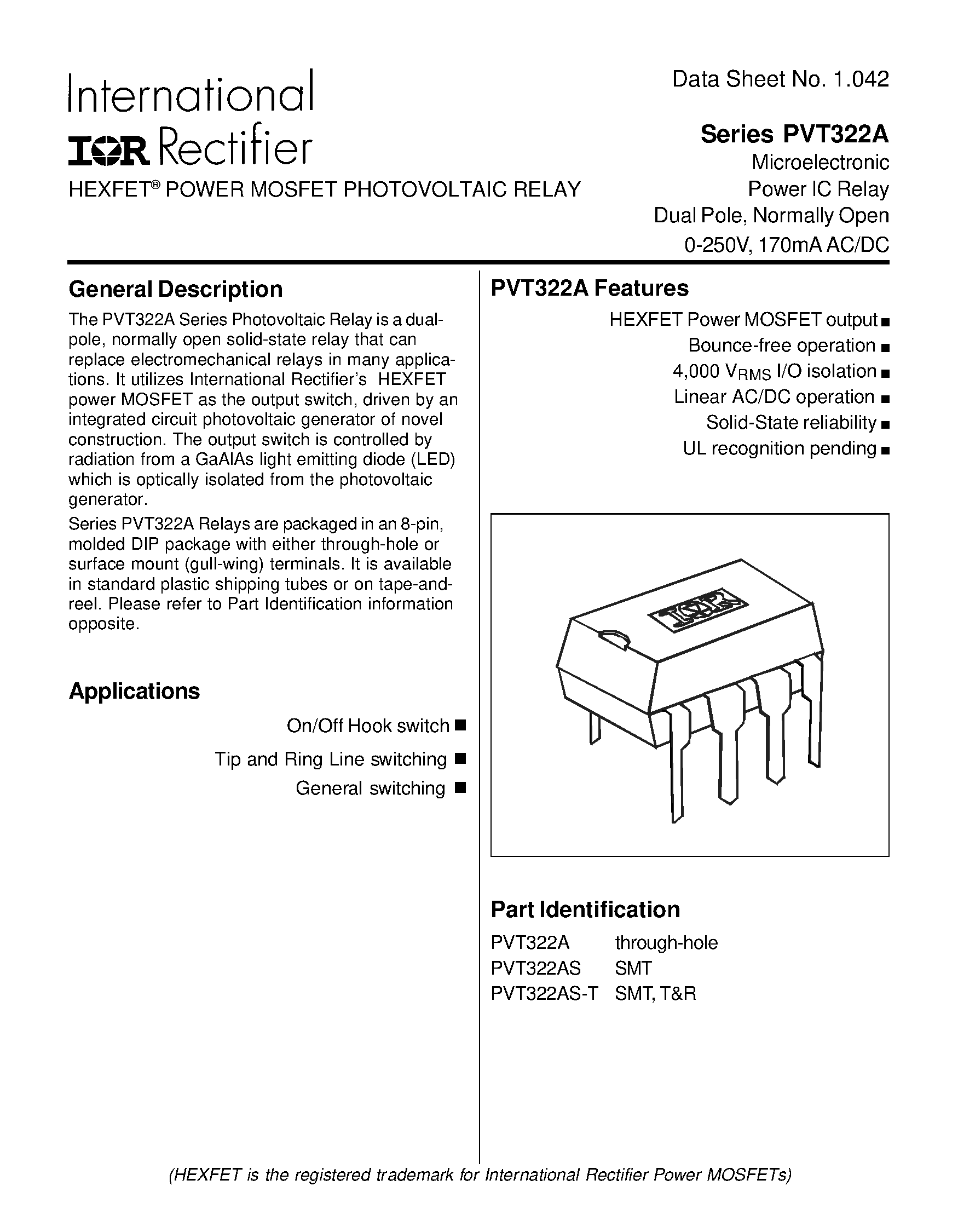 Datasheet PVT322A - Microelectronic Power IC Relay Dual Pole/ Normally Open 0-250V/ 170mA AC/DC page 1