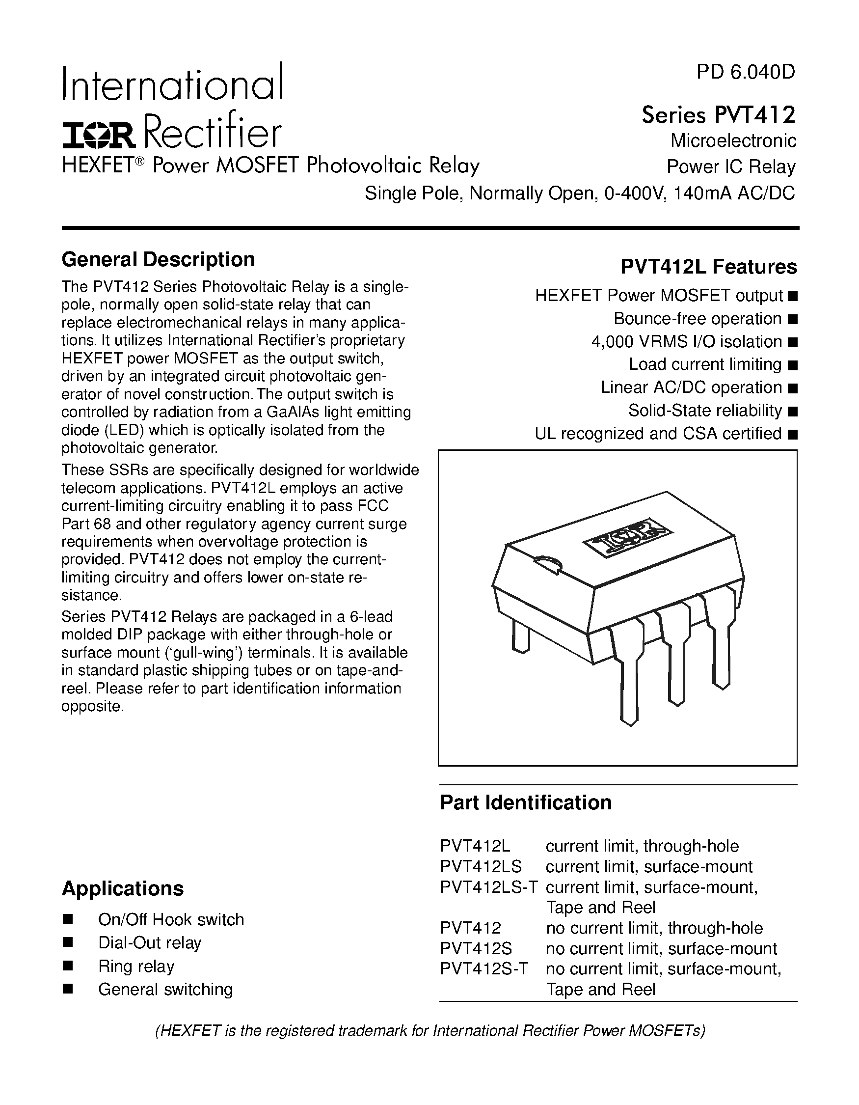 Datasheet PVT412 - Microelectronic Power IC Relay Single Pole/ Normally Open/ 0-400V/ 140mA AC/DC page 1