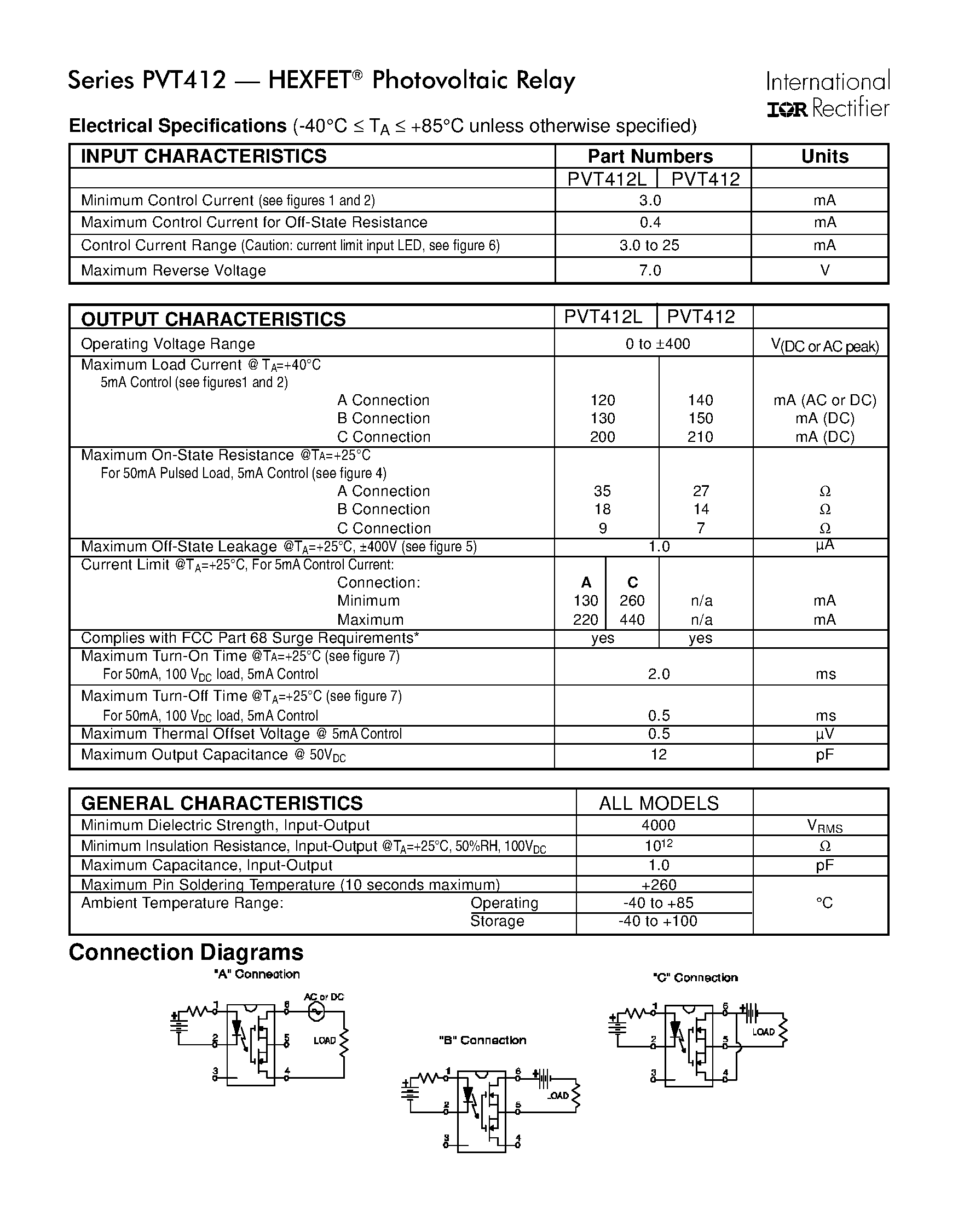 Datasheet PVT412 - Microelectronic Power IC Relay Single Pole/ Normally Open/ 0-400V/ 140mA AC/DC page 2
