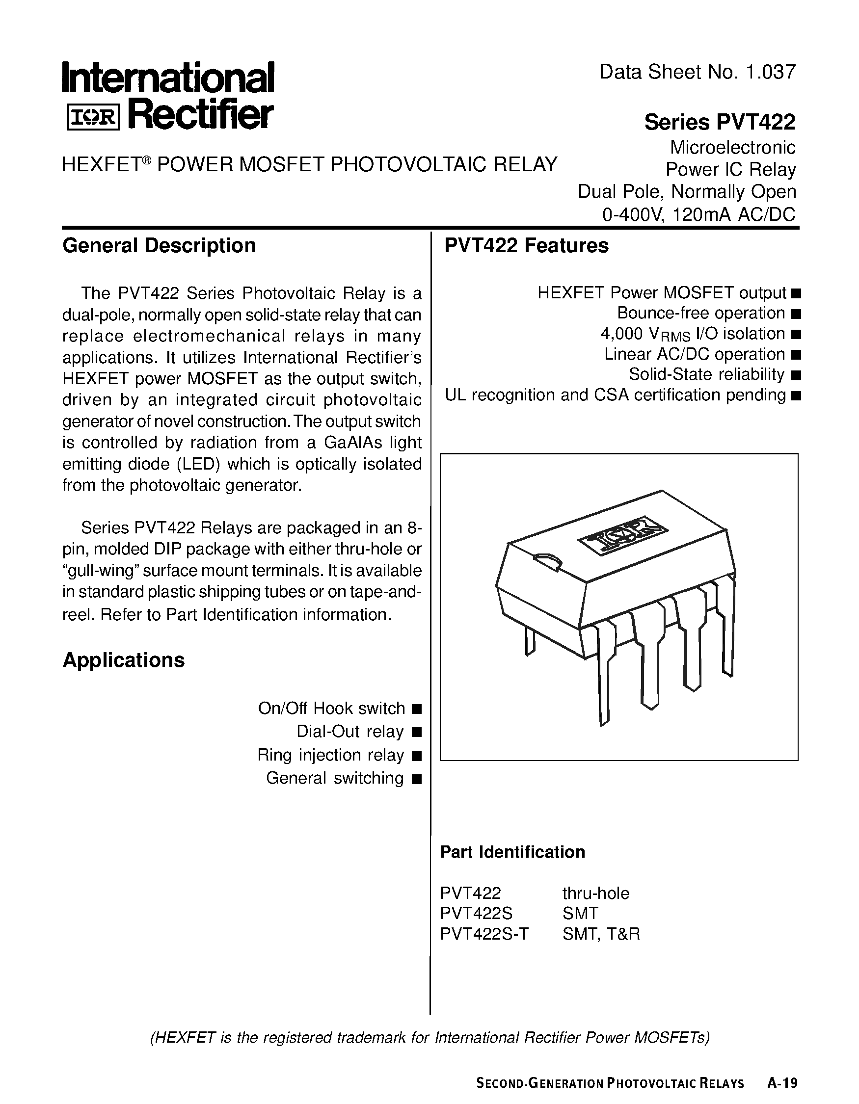 Datasheet PVT422 - Microelectronic Power IC Relay Dual Pole/ Normally Open 0-400V/ 120mA AC/DC page 1