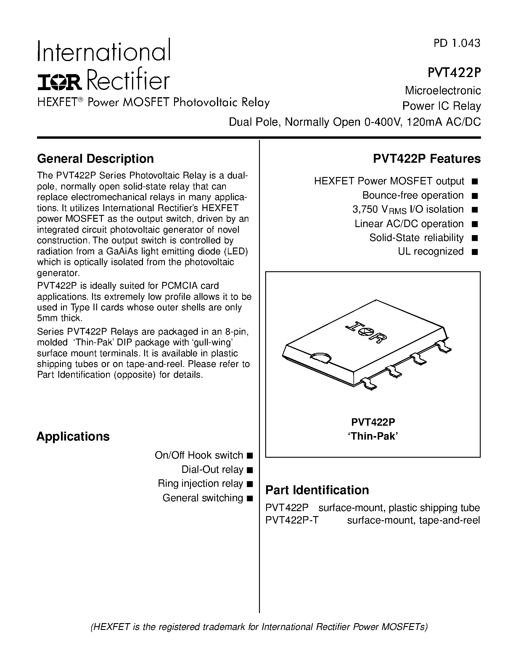 Datasheet PVT422P - Microelectronic Power IC Relay Dual Pole/ Normally Open 0-400V/ 120mA AC/DC page 1