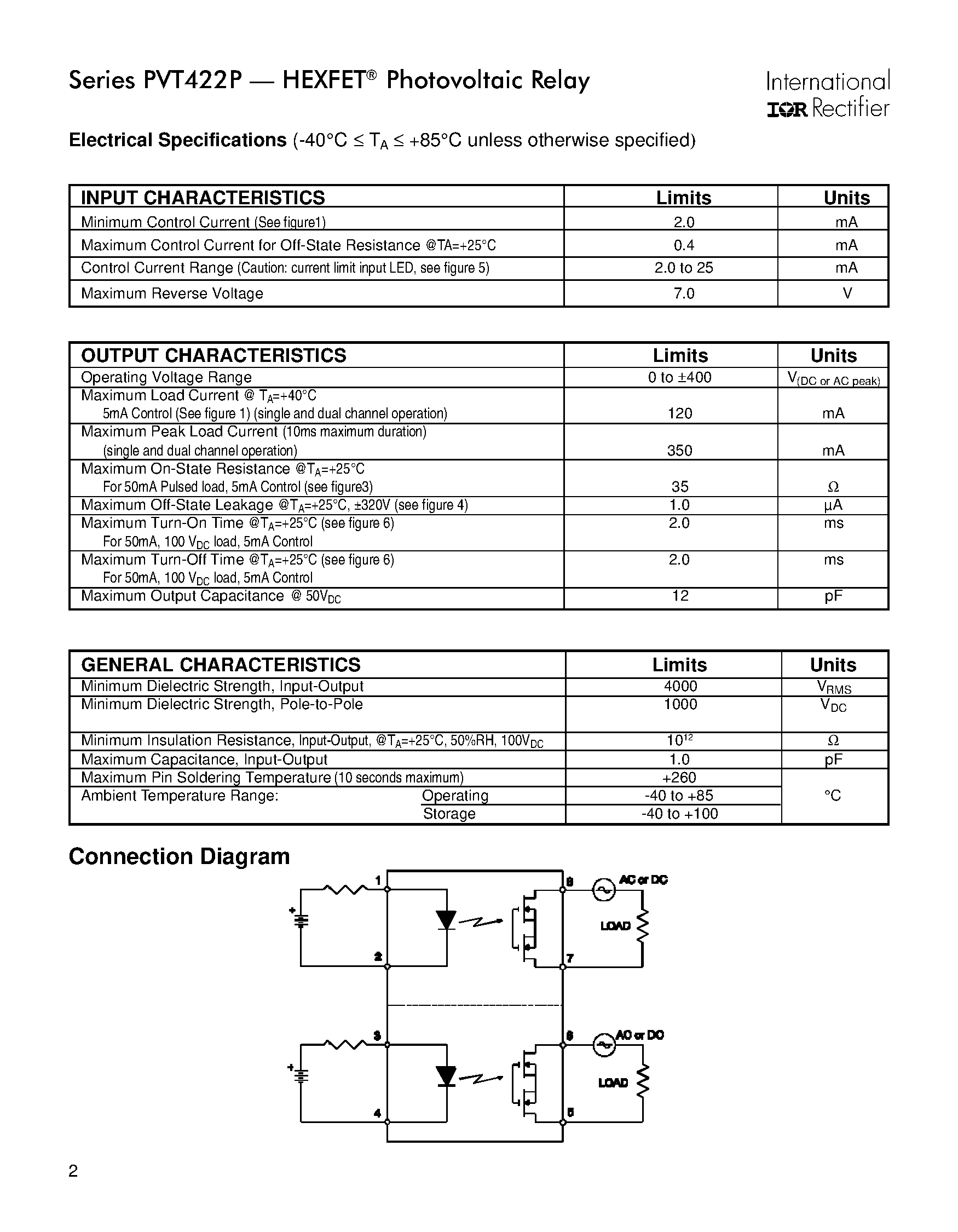 Datasheet PVT422P - Microelectronic Power IC Relay Dual Pole/ Normally Open 0-400V/ 120mA AC/DC page 2