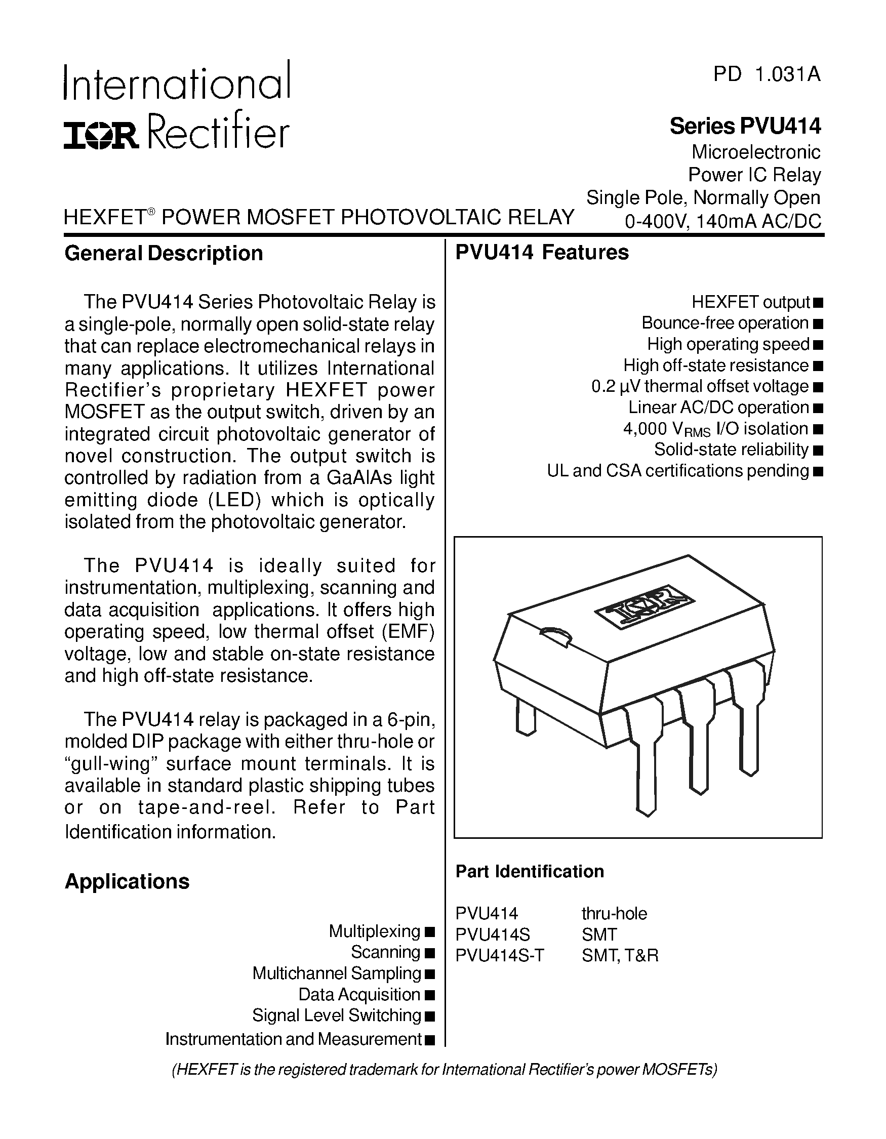 Datasheet PVU414 - Microelectronic Power IC Relay Single Pole/ Normally Open 0-400V/ 140mA AC/DC page 1