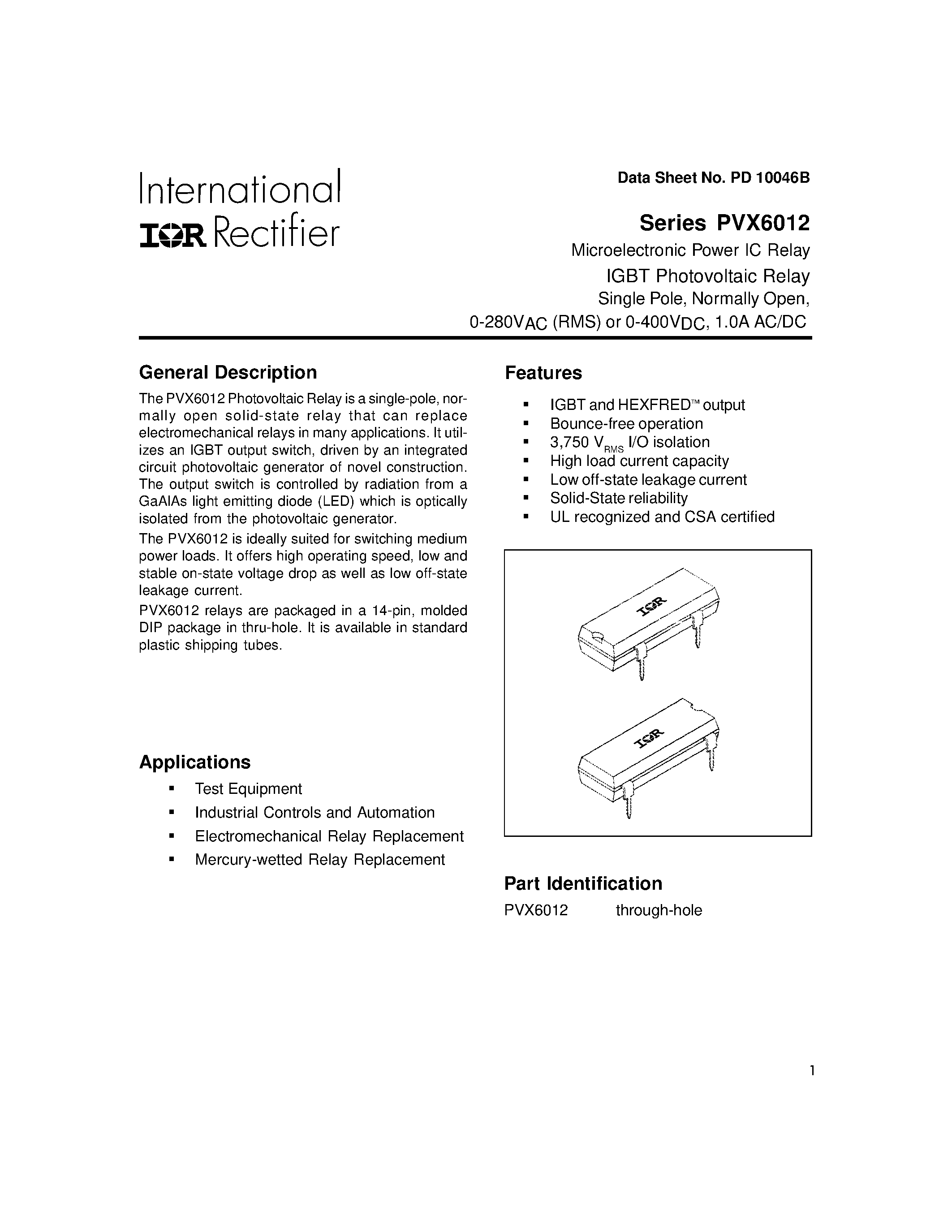 Datasheet PVX6012 - IGBT Photovoltaic Relay page 1