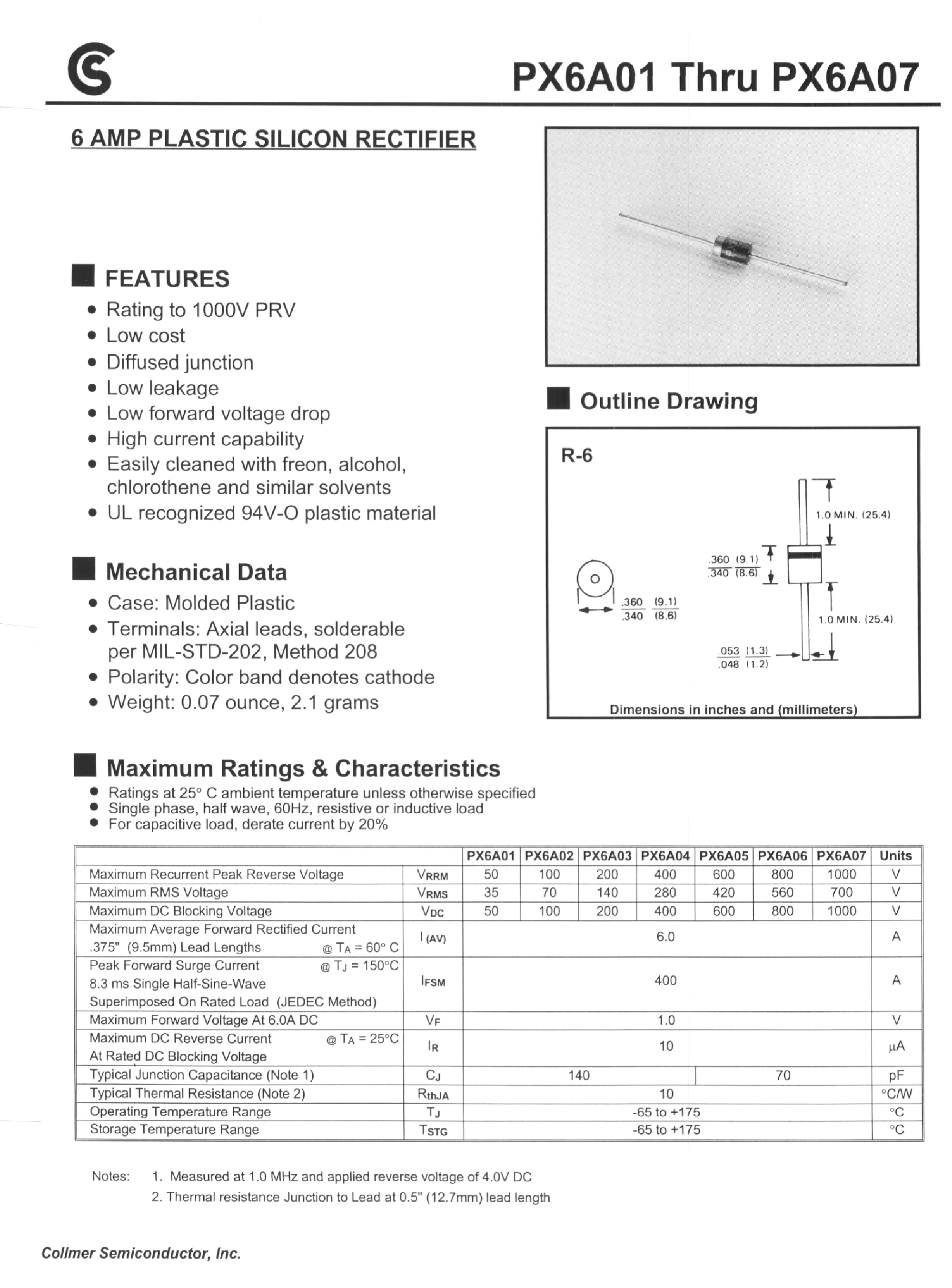 Datasheet PX6A05 page 1 Datasheet PX6A05 - 6 AMP PLASTIC SILICON RECTIFIER page 1