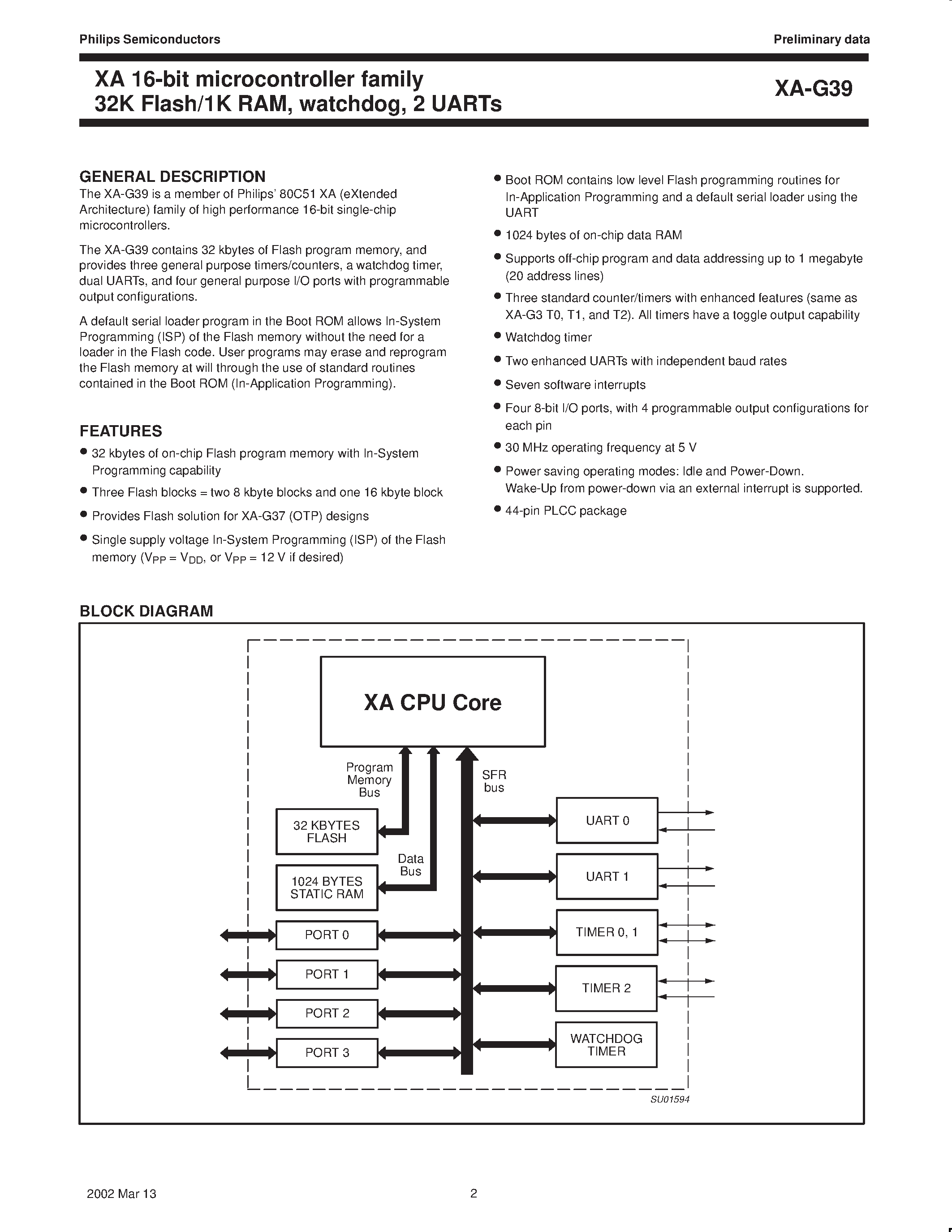 Datasheet PXAG39KBA page 2 Datasheet PXAG39KBA - XA 16-bit microcontroller family XA 16-bit microcontroller 32K FLASH/1K RAM/ watchdog/ 2 UARTs page 2