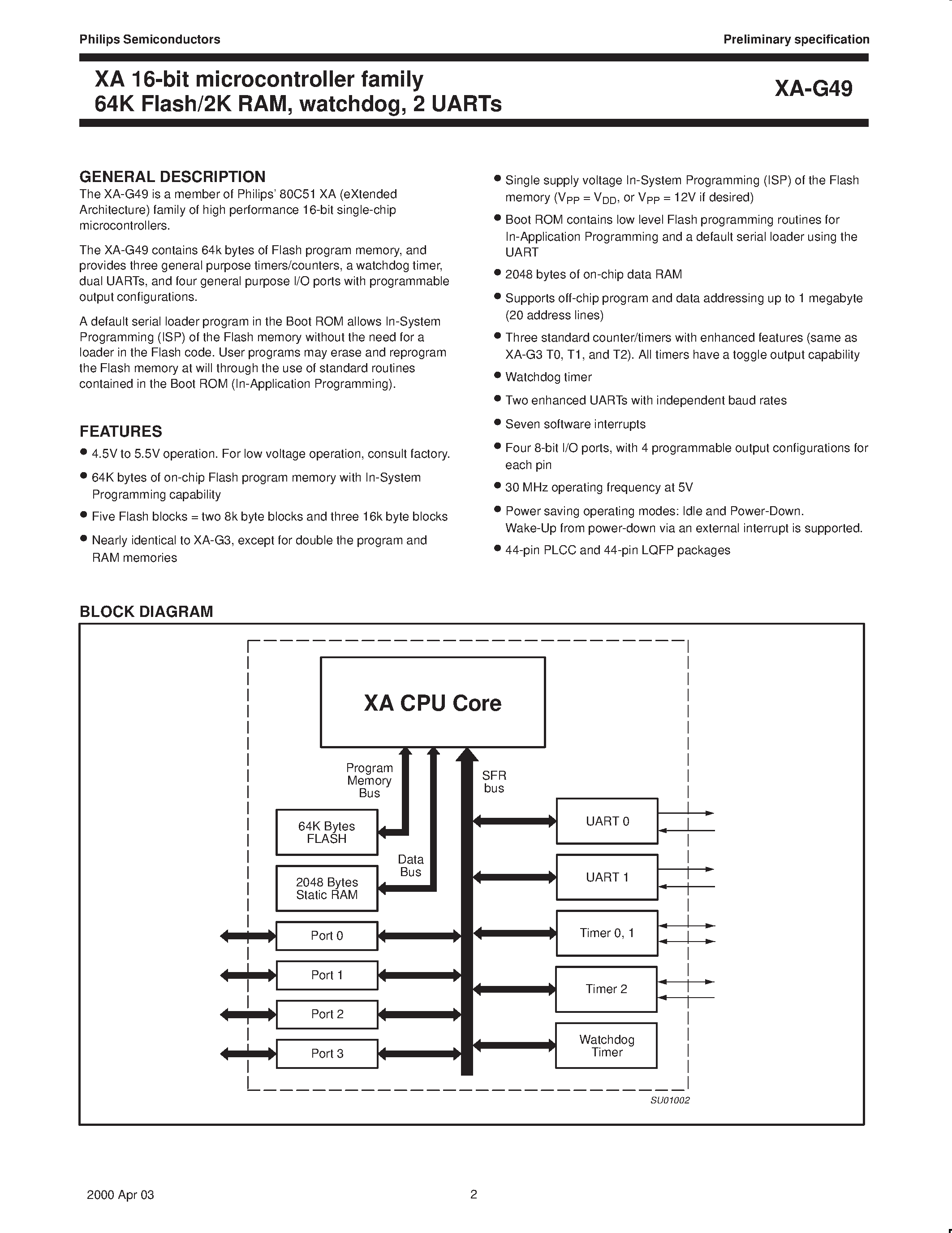 Datasheet PXAG49KBA page 2 Datasheet PXAG49KBA - XA 16-bit microcontroller family 64K FLASH/2K RAM/ watchdog/ 2 UARTs page 2