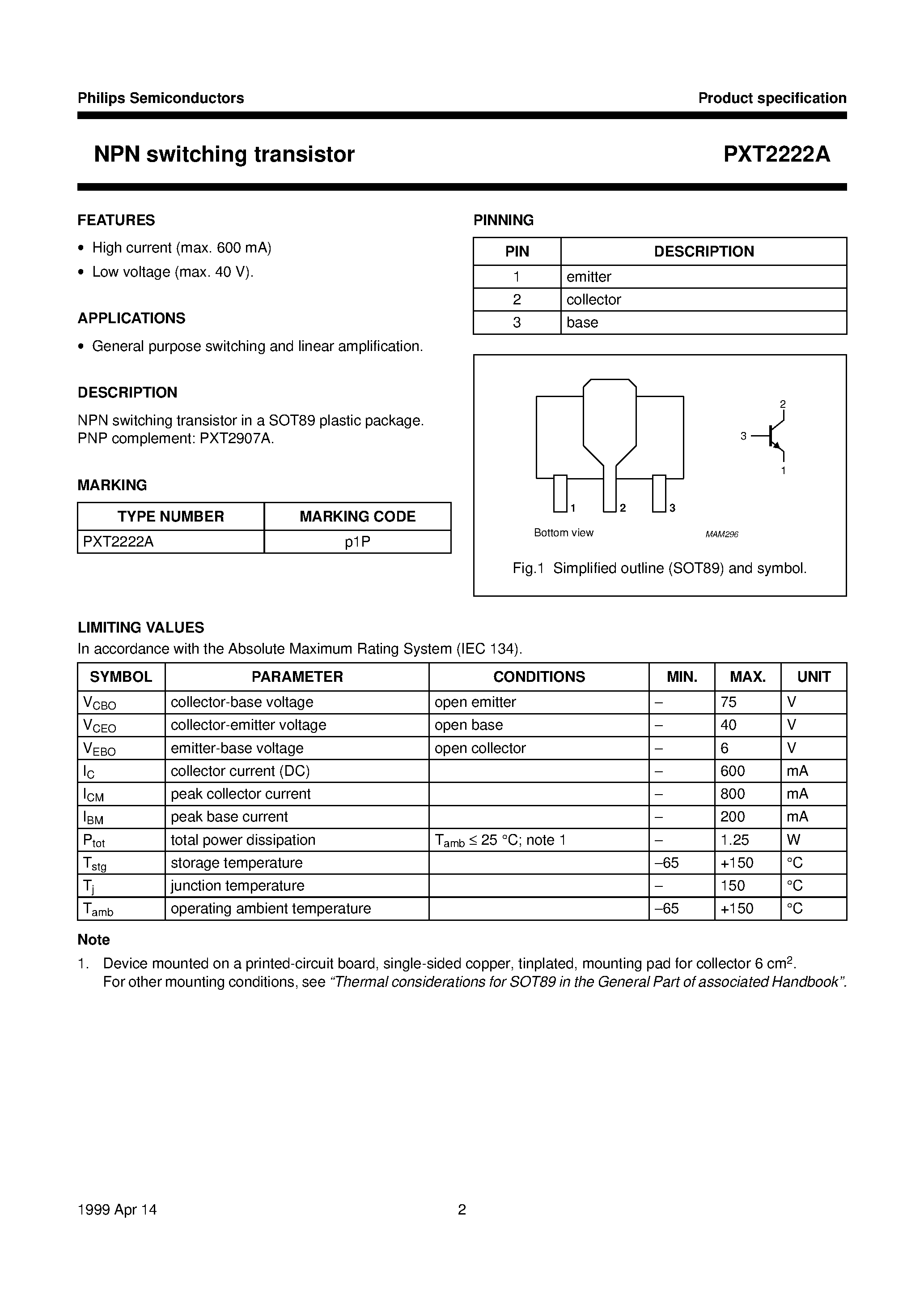 Datasheet PXT2222 page 2 Datasheet PXT2222 - NPN switching transistor page 2