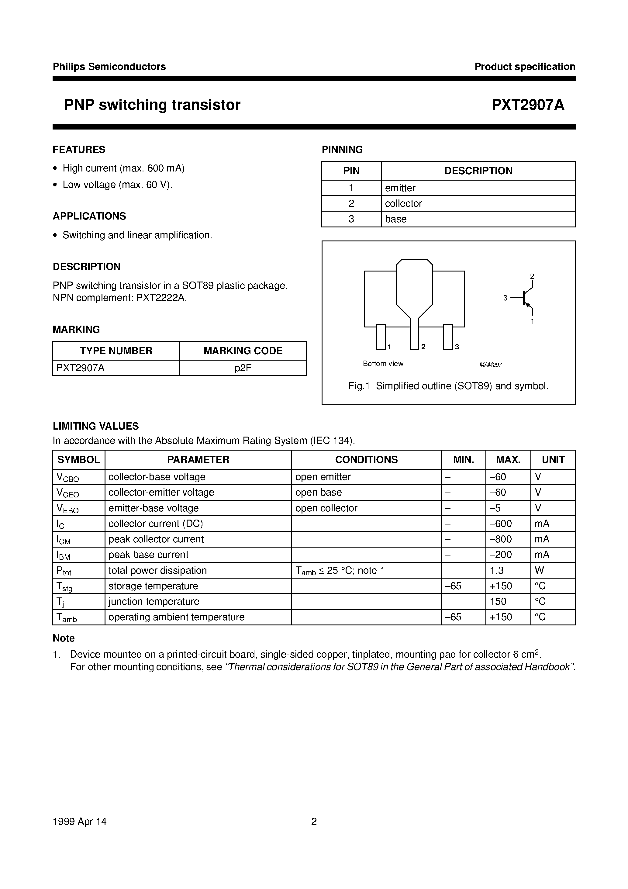 Datasheet PXT2907A - PNP switching transistor page 2