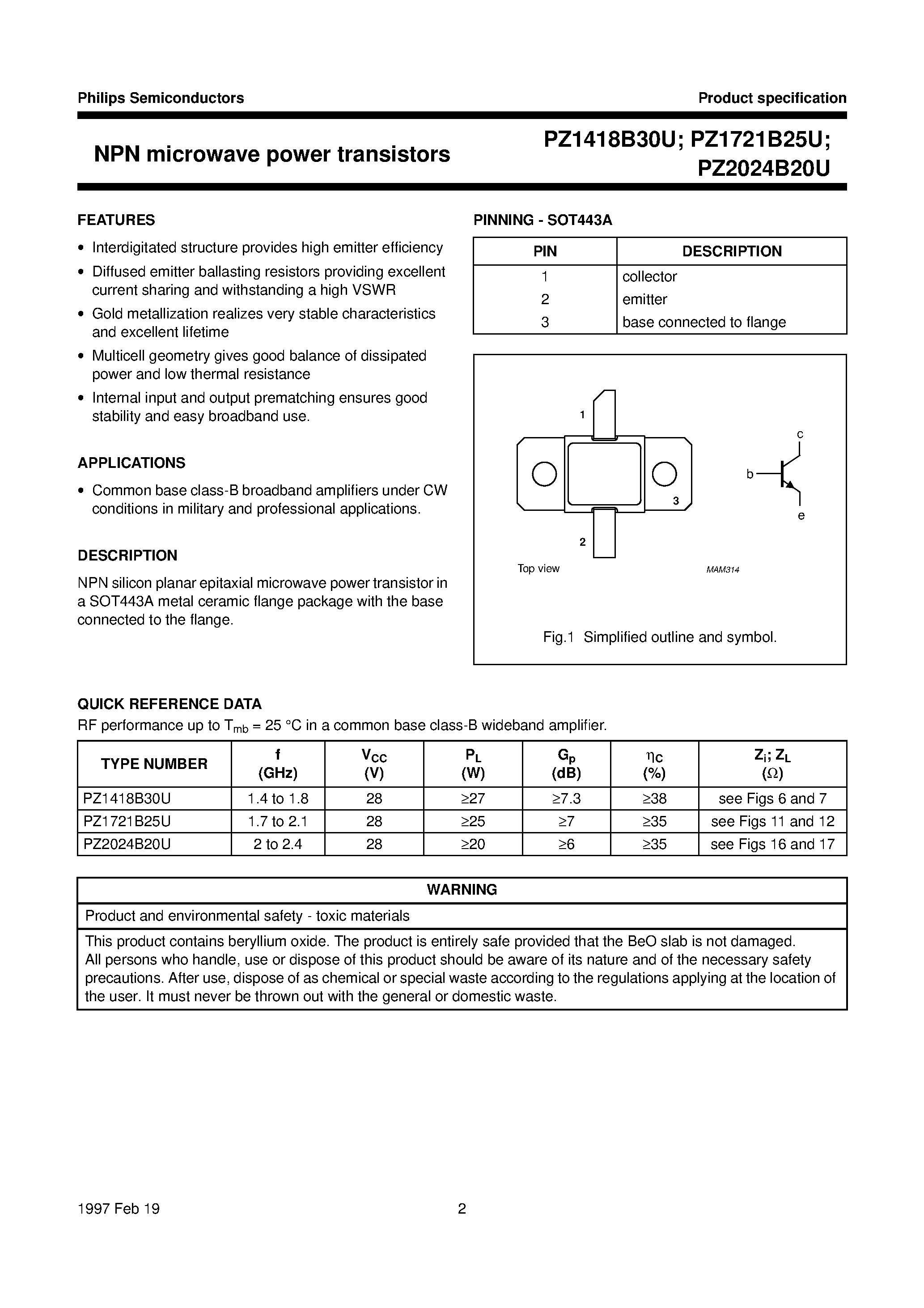Datasheet PZ1418B30U - NPN microwave power transistors page 2