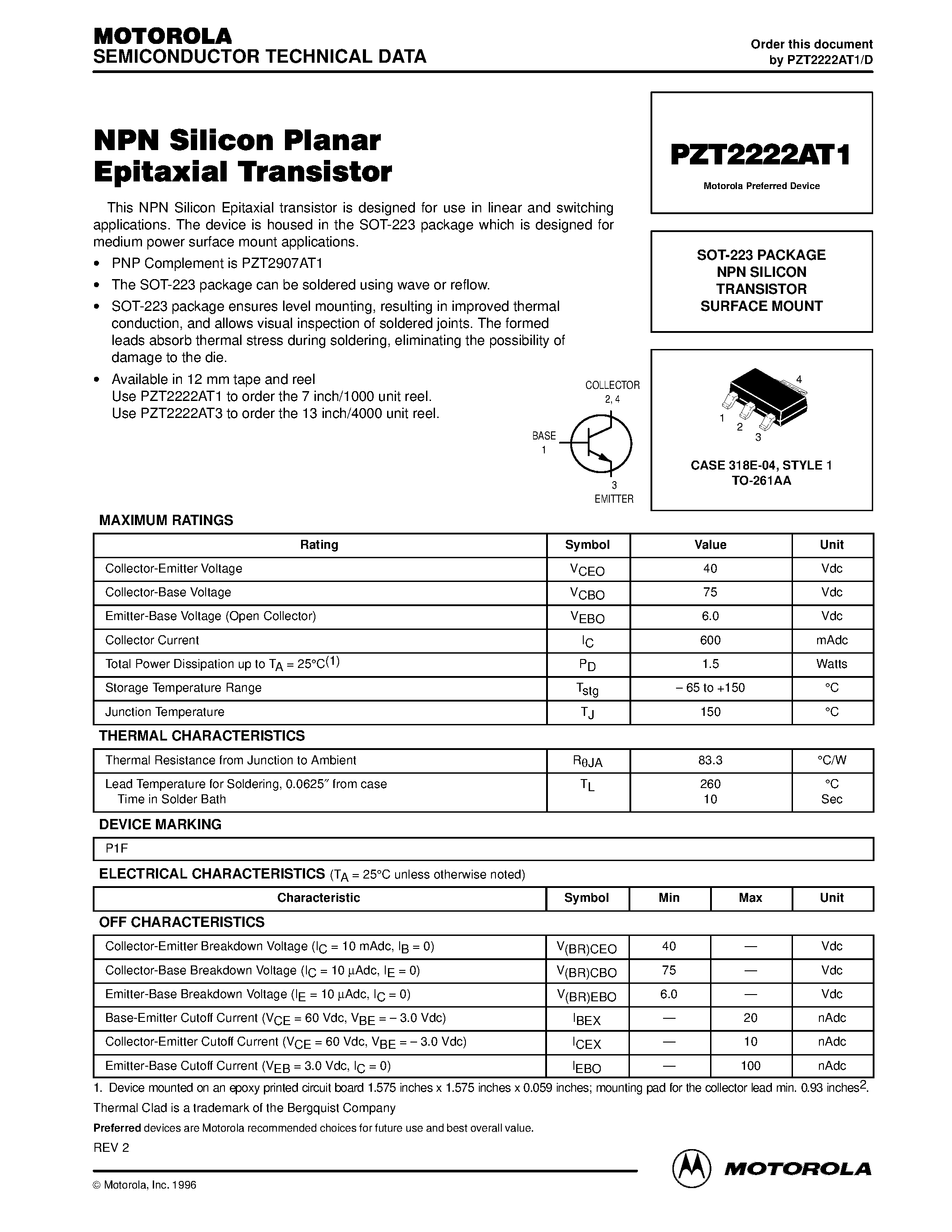 Даташит PZT2222AT1 - NPN SILICON TRANSISTOR SURFACE MOUNT страница 1