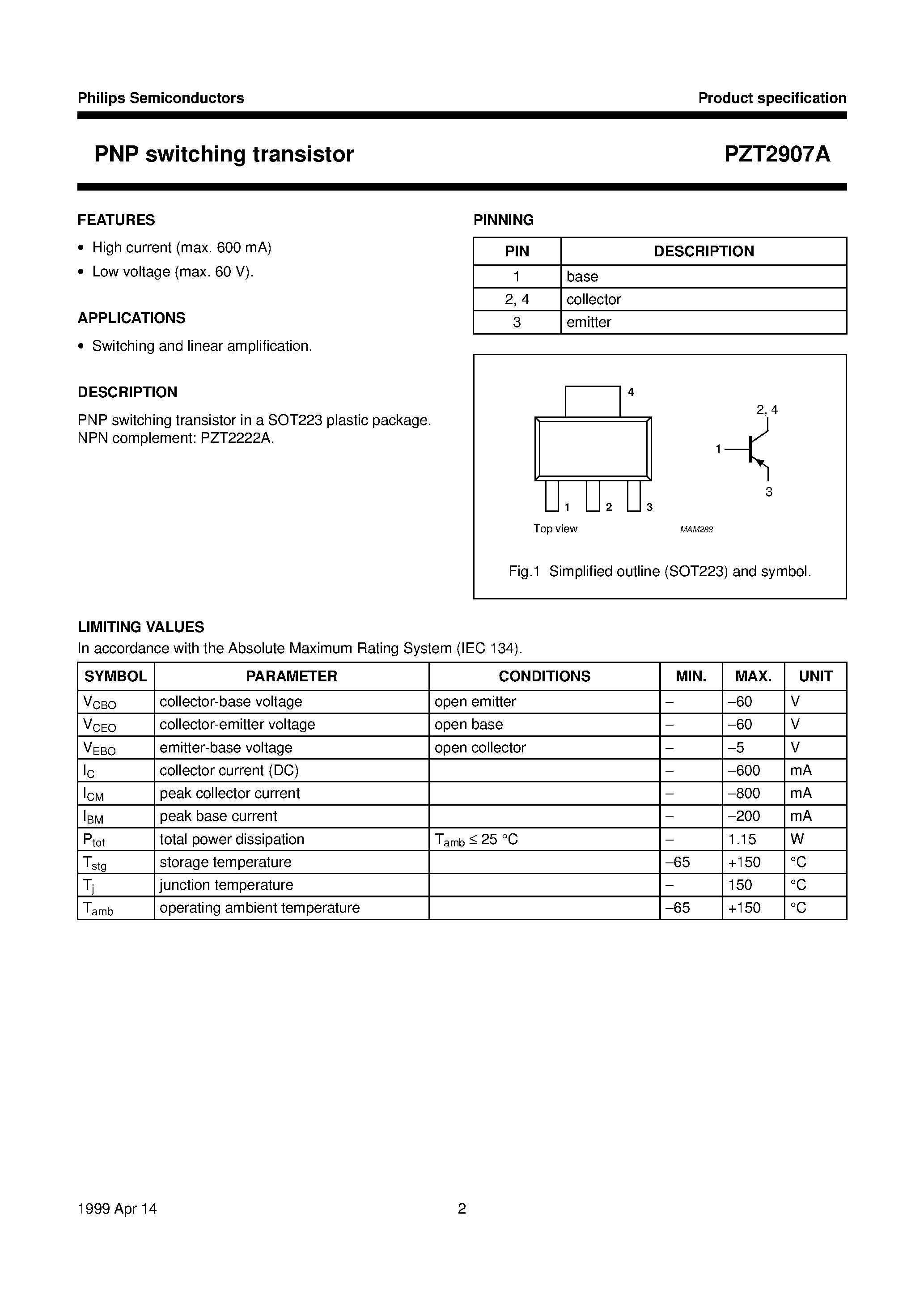 Даташит PZT2907A - PNP switching transistor страница 2