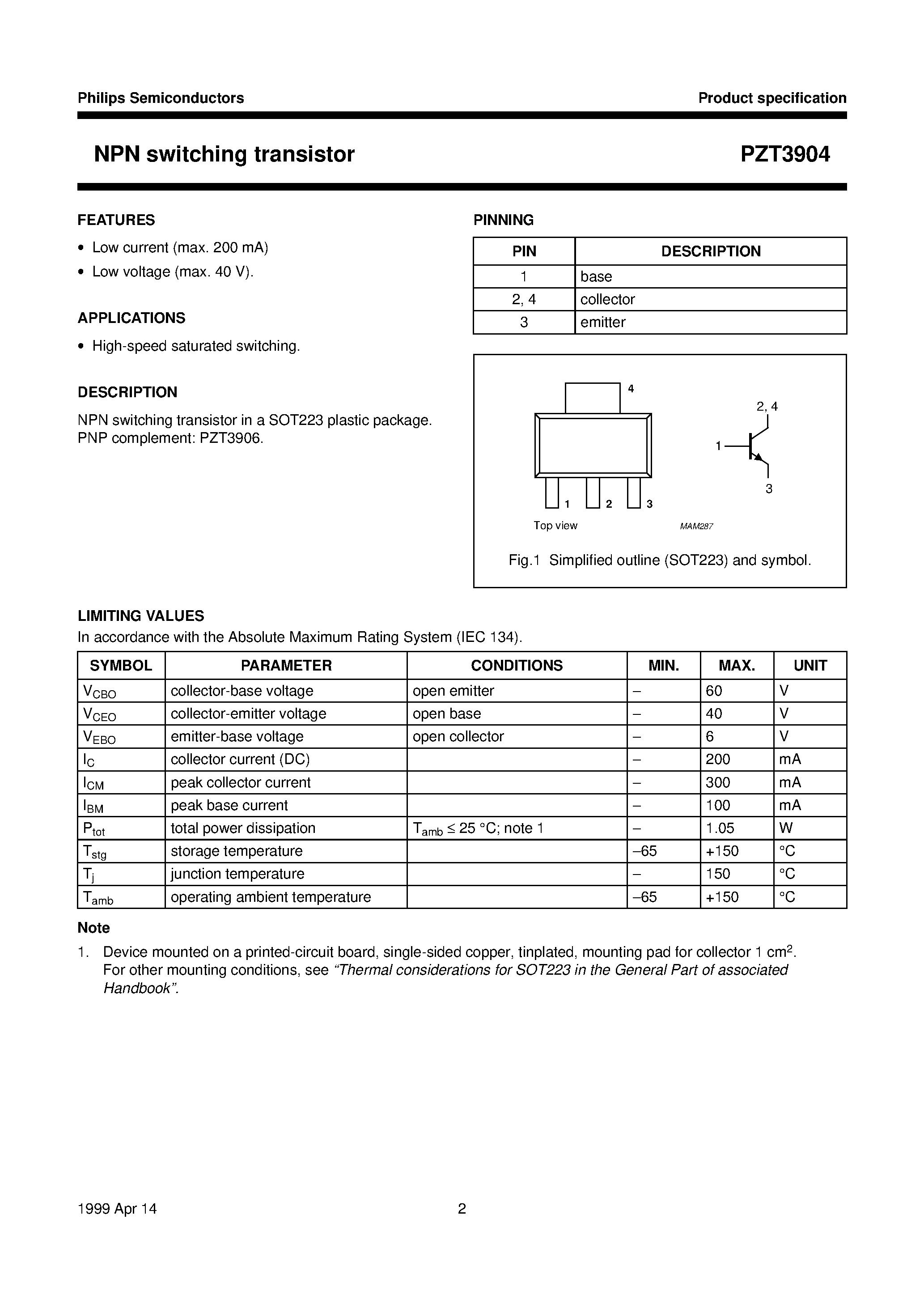 Datasheet PZT3904 - NPN switching transistor page 2
