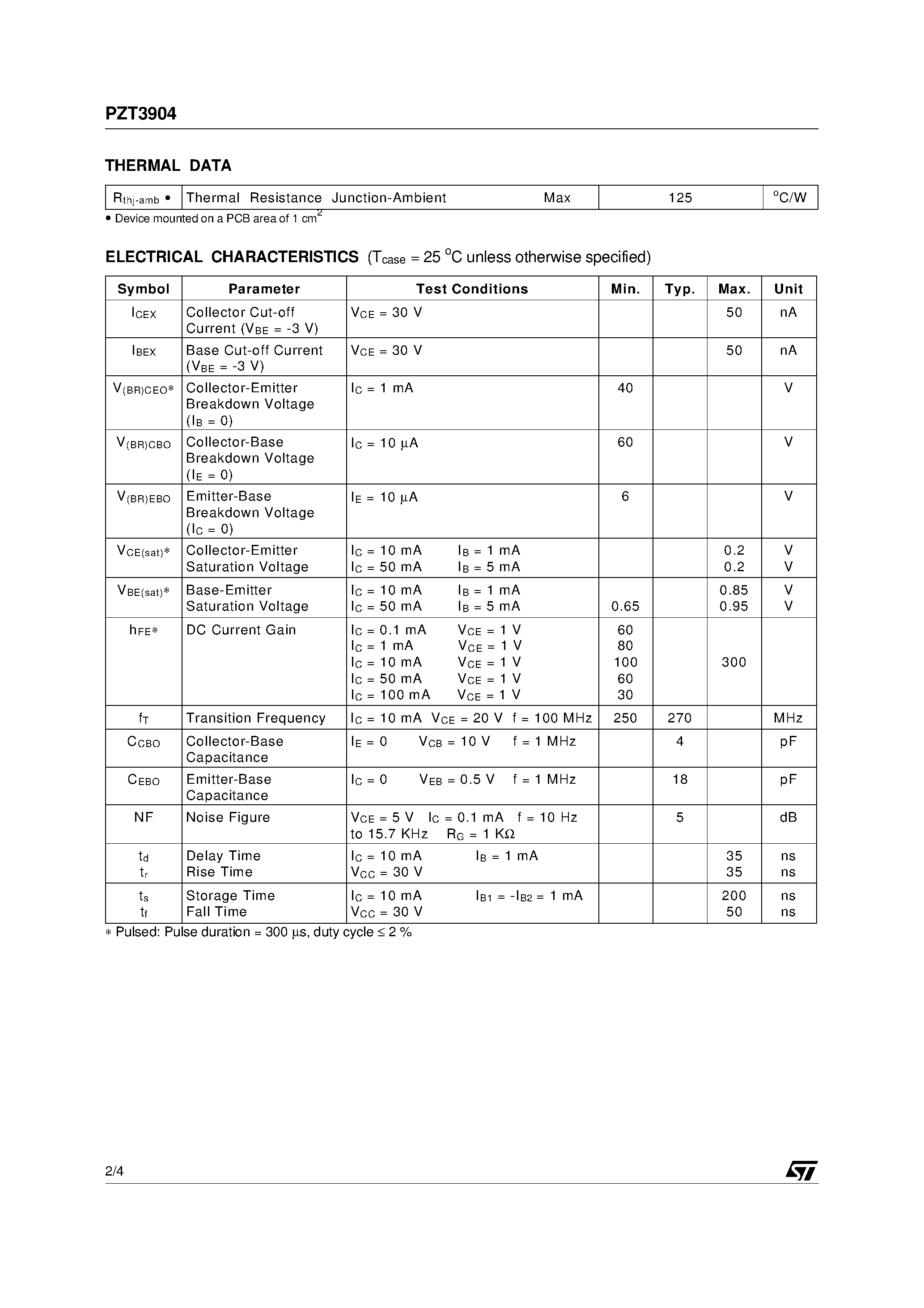 Даташит PZT3904 - SMALL SIGNAL NPN TRANSISTOR страница 2