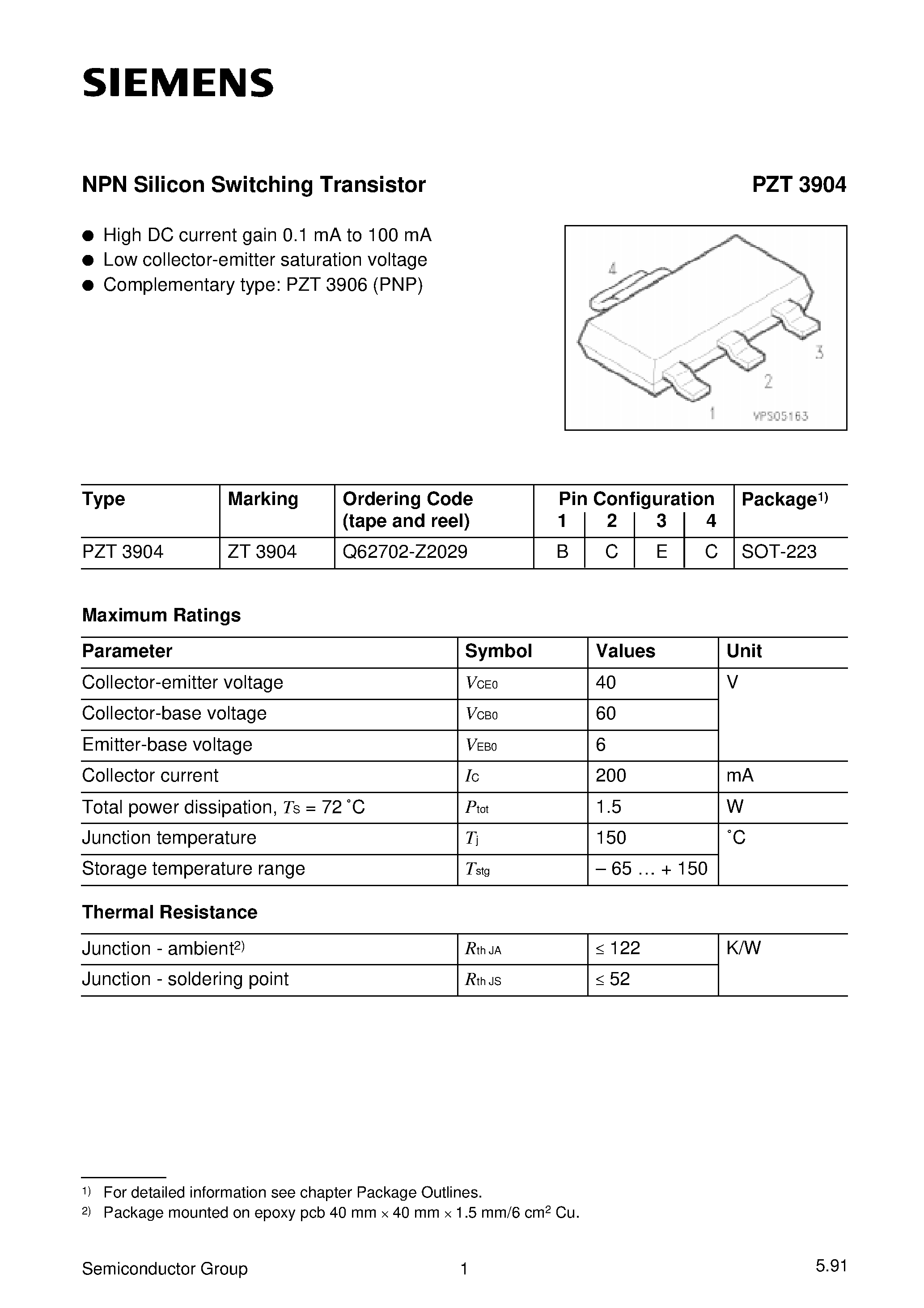 Даташит PZT3904 - NPN Silicon Switching Transistor страница 1