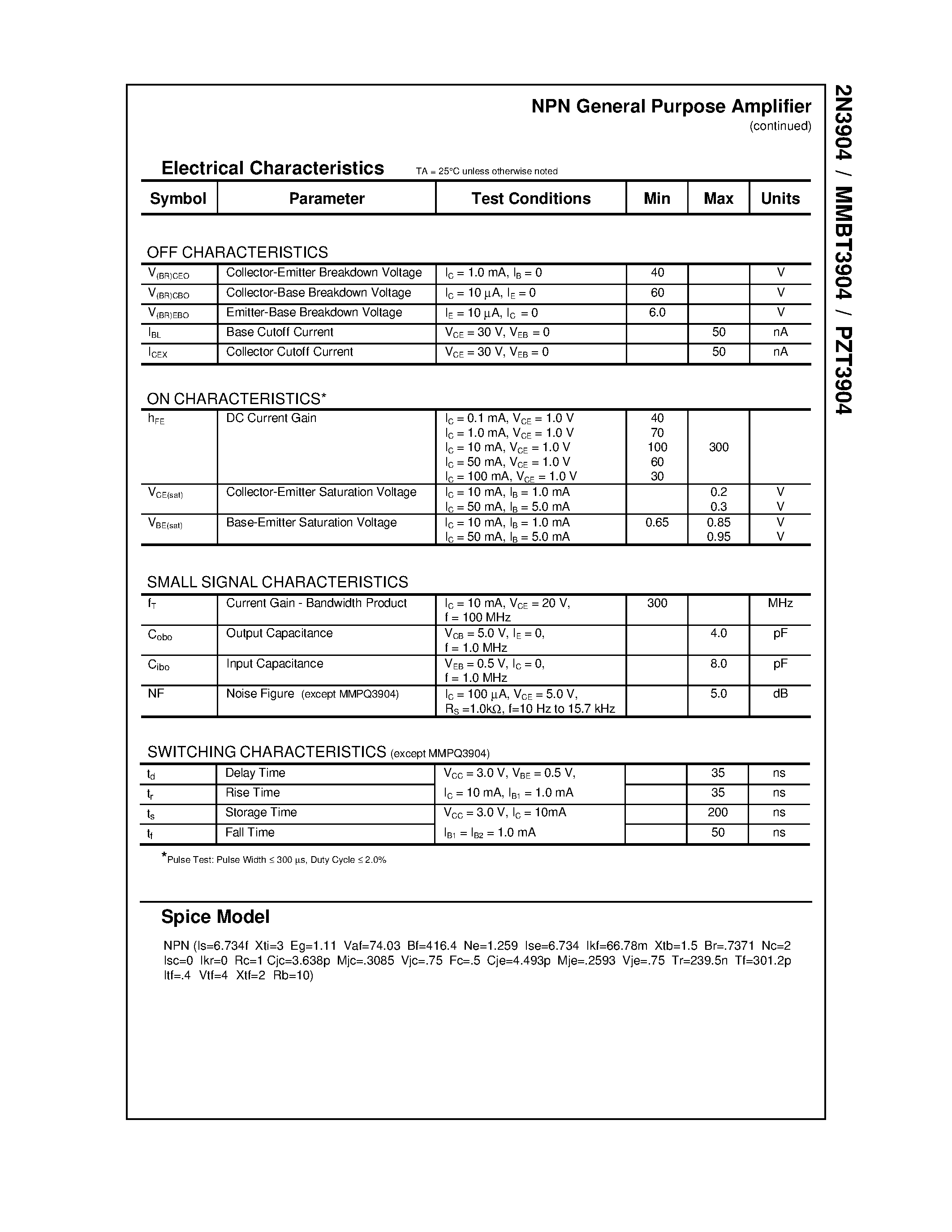 Даташит PZT3904 - NPN General Purpose Amplifier страница 2