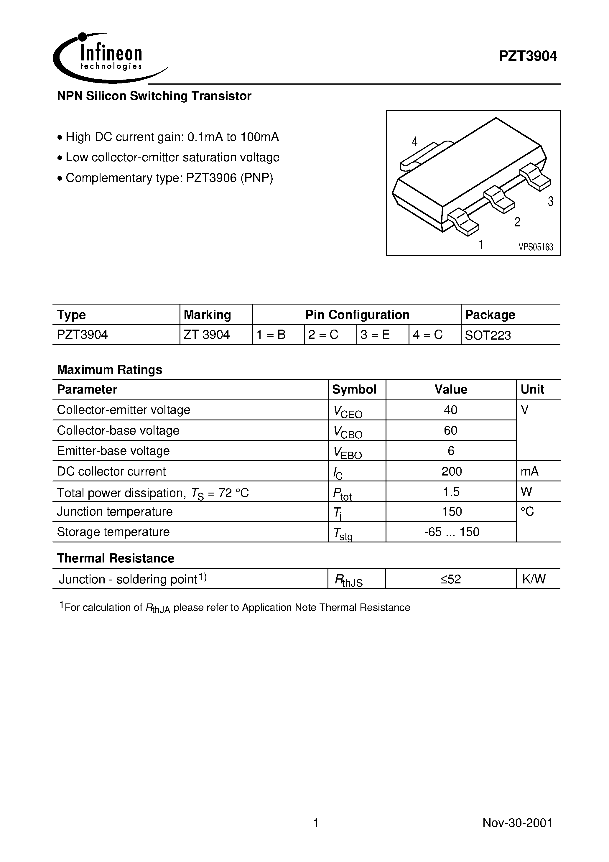 Даташит PZT3904 - NPN Silicon Switching Transistor страница 1