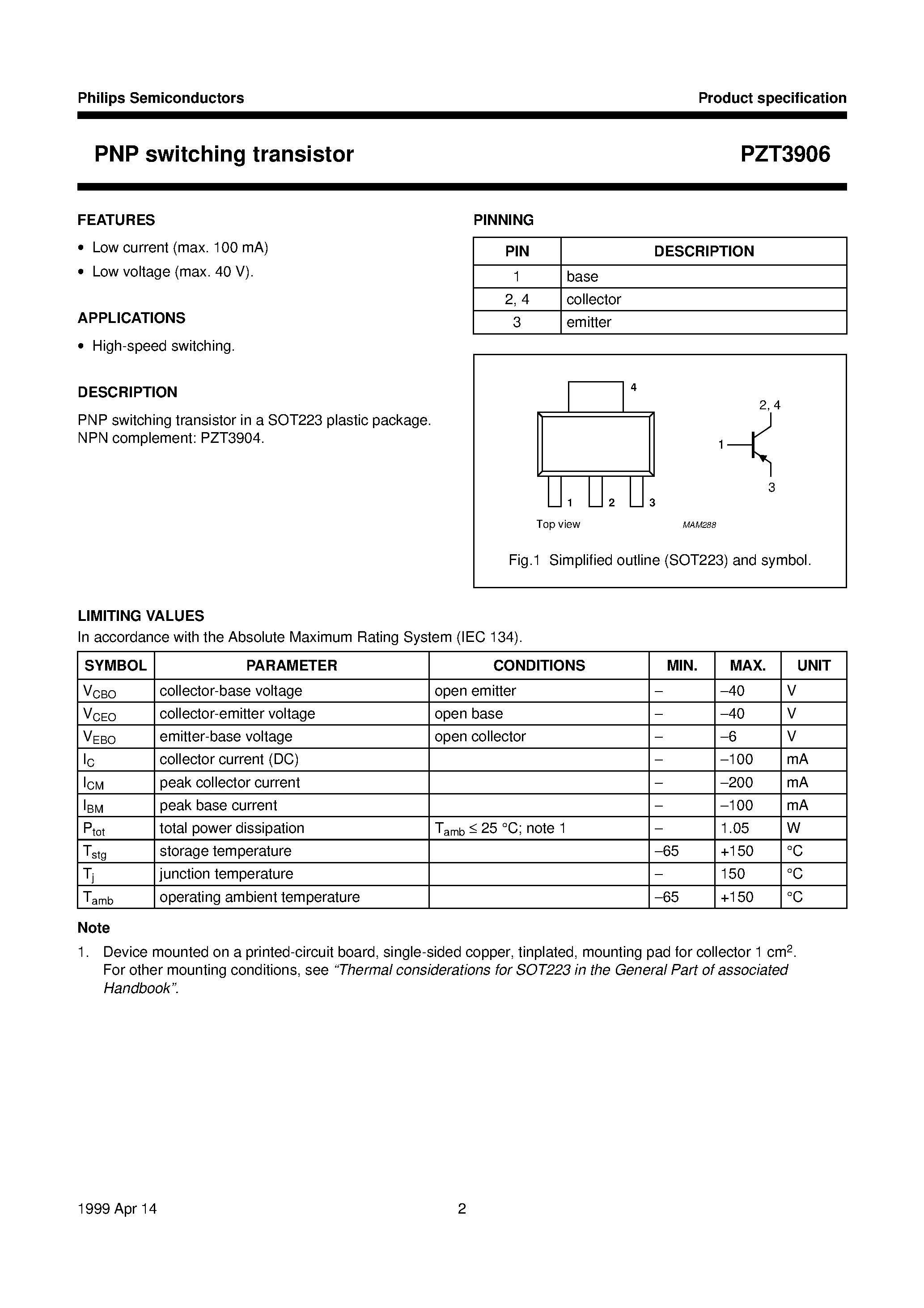 Даташит PZT3906 - PNP switching transistor страница 2