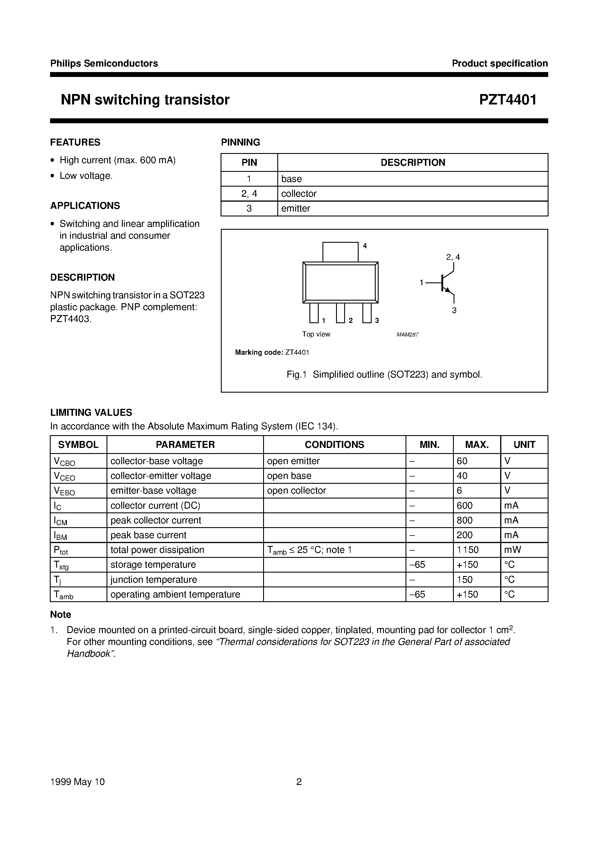 Даташит на микросхему PZT4401 страница 2 Даташит PZT4401 - NPN switching transistor страница 2