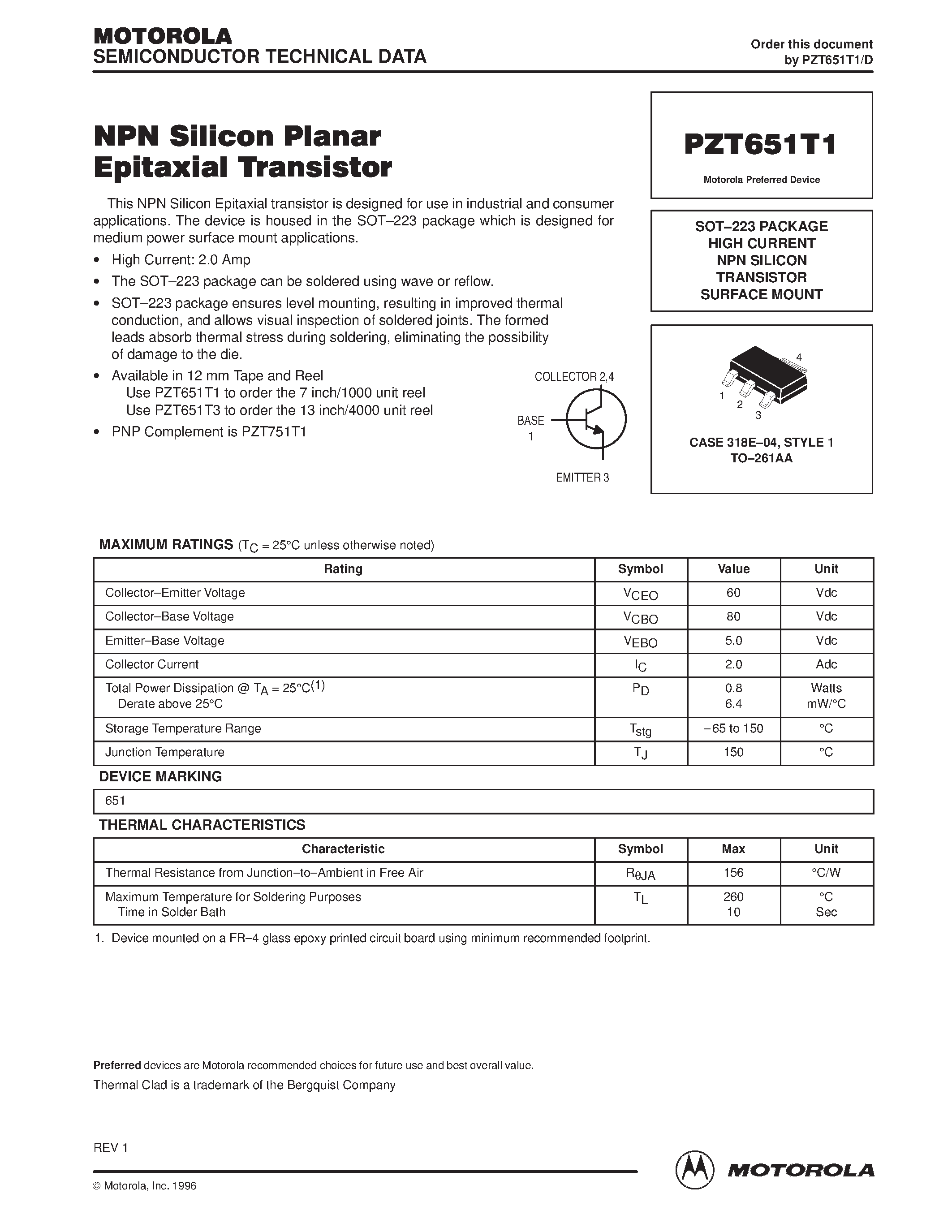 Даташит на микросхему PZT651T1 страница 1 Даташит PZT651T1 - HIGH CURRENT NPN SILICON TRANSISTOR SURFACE MOUNT страница 1