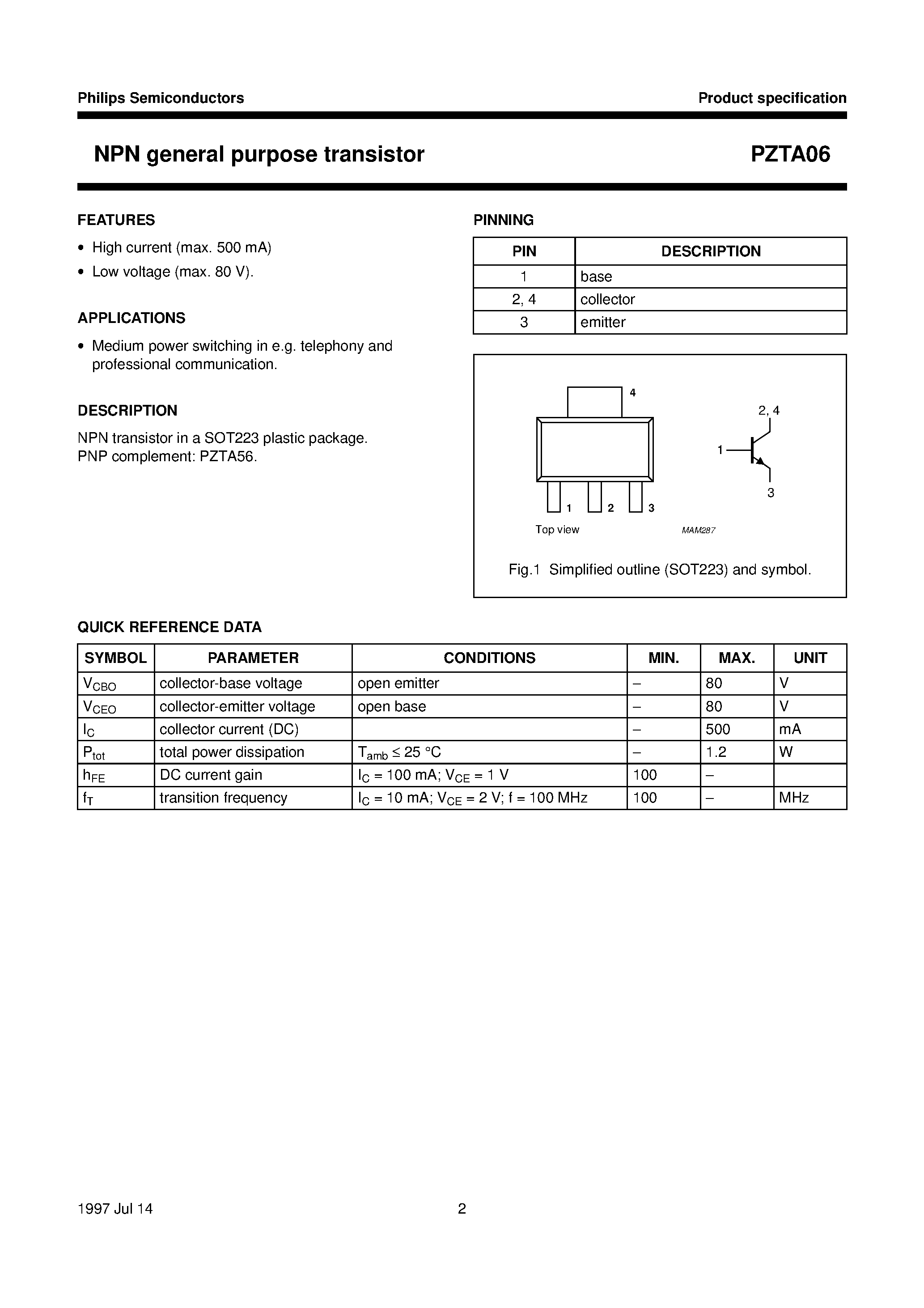 Даташит на микросхему PZTA06 страница 2 Даташит PZTA06 - NPN general purpose transistor страница 2