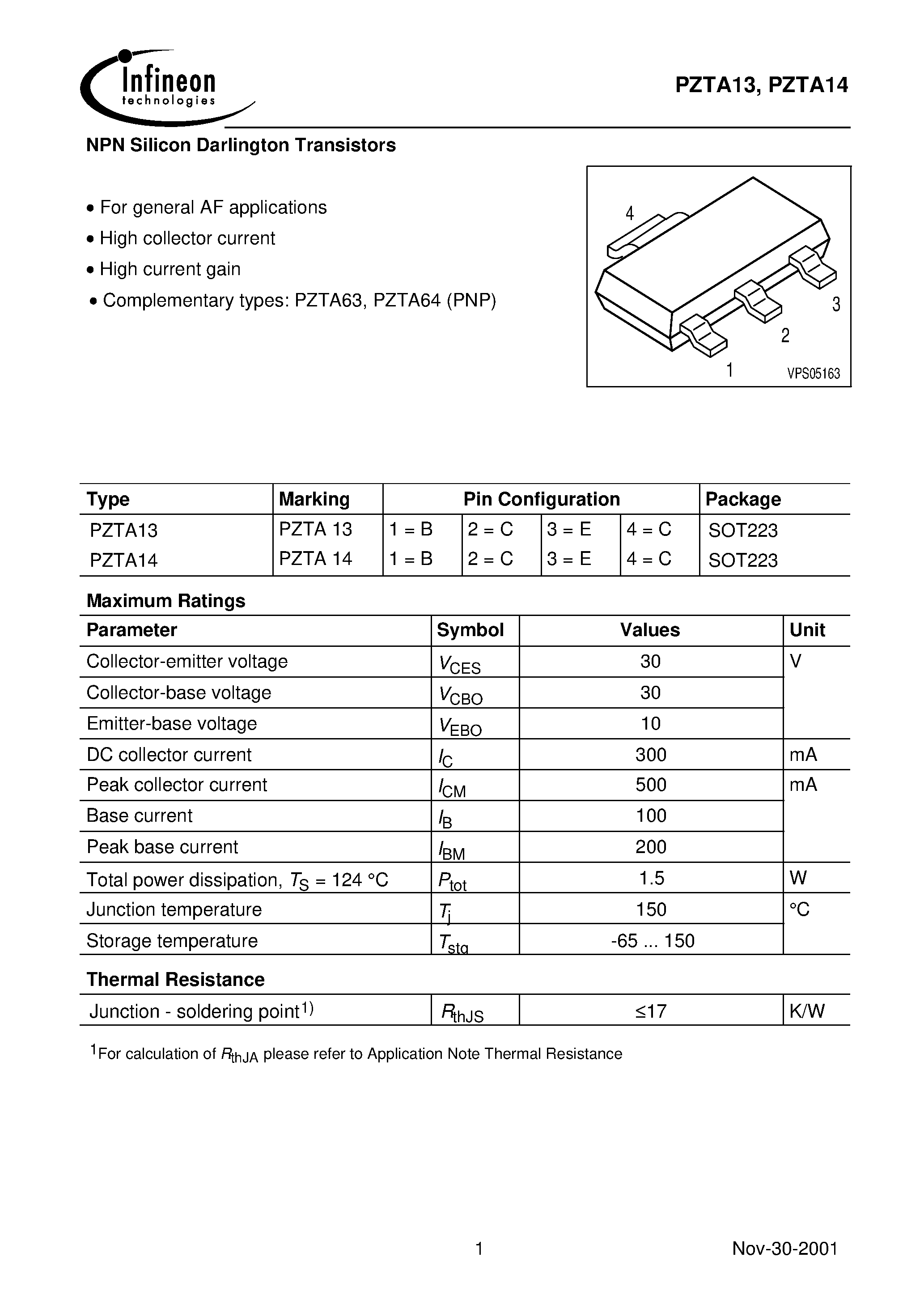 Даташит на микросхему PZTA13 страница 1 Даташит PZTA13 - NPN Silicon Darlington Transistors страница 1