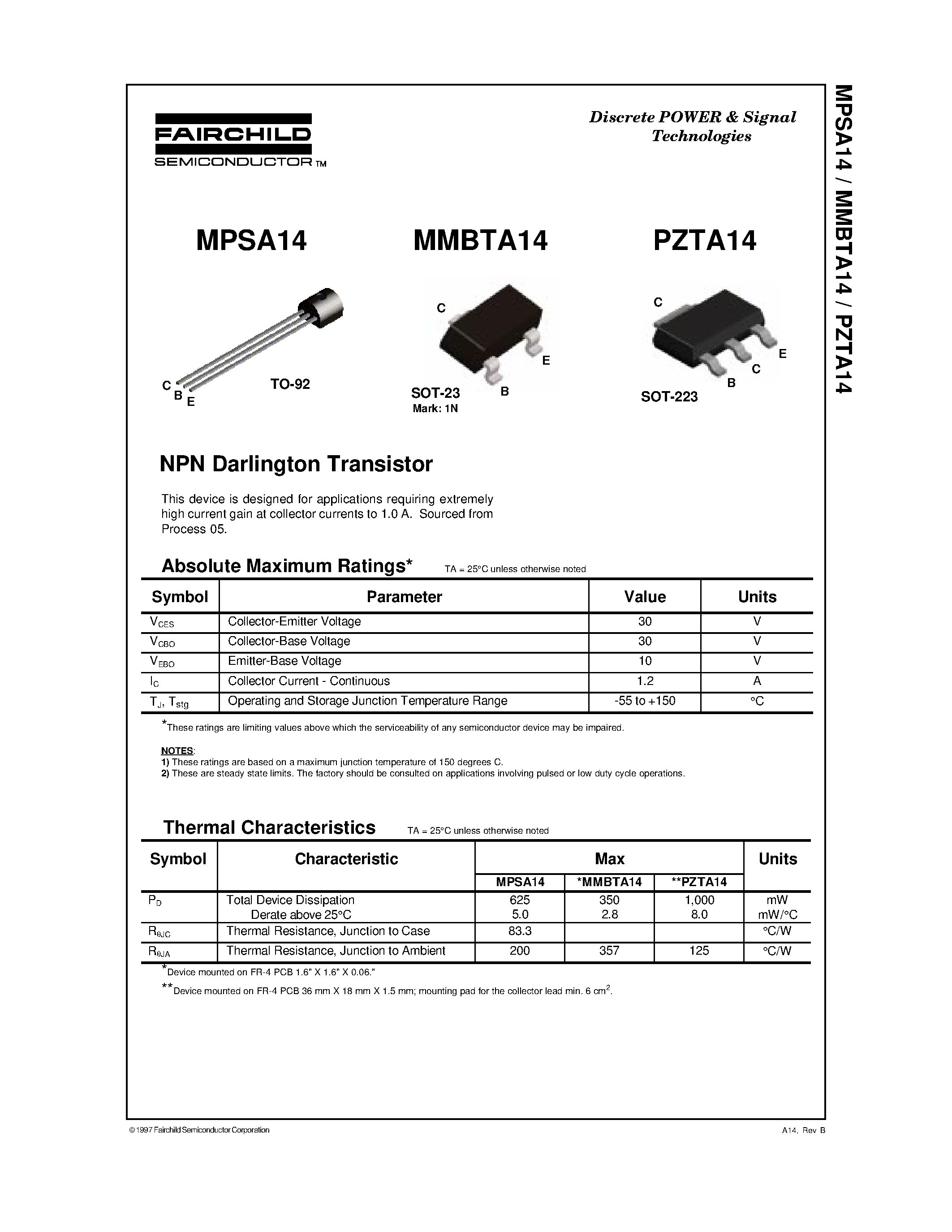 Даташит PZTA14 - NPN Darlington Transistor страница 1