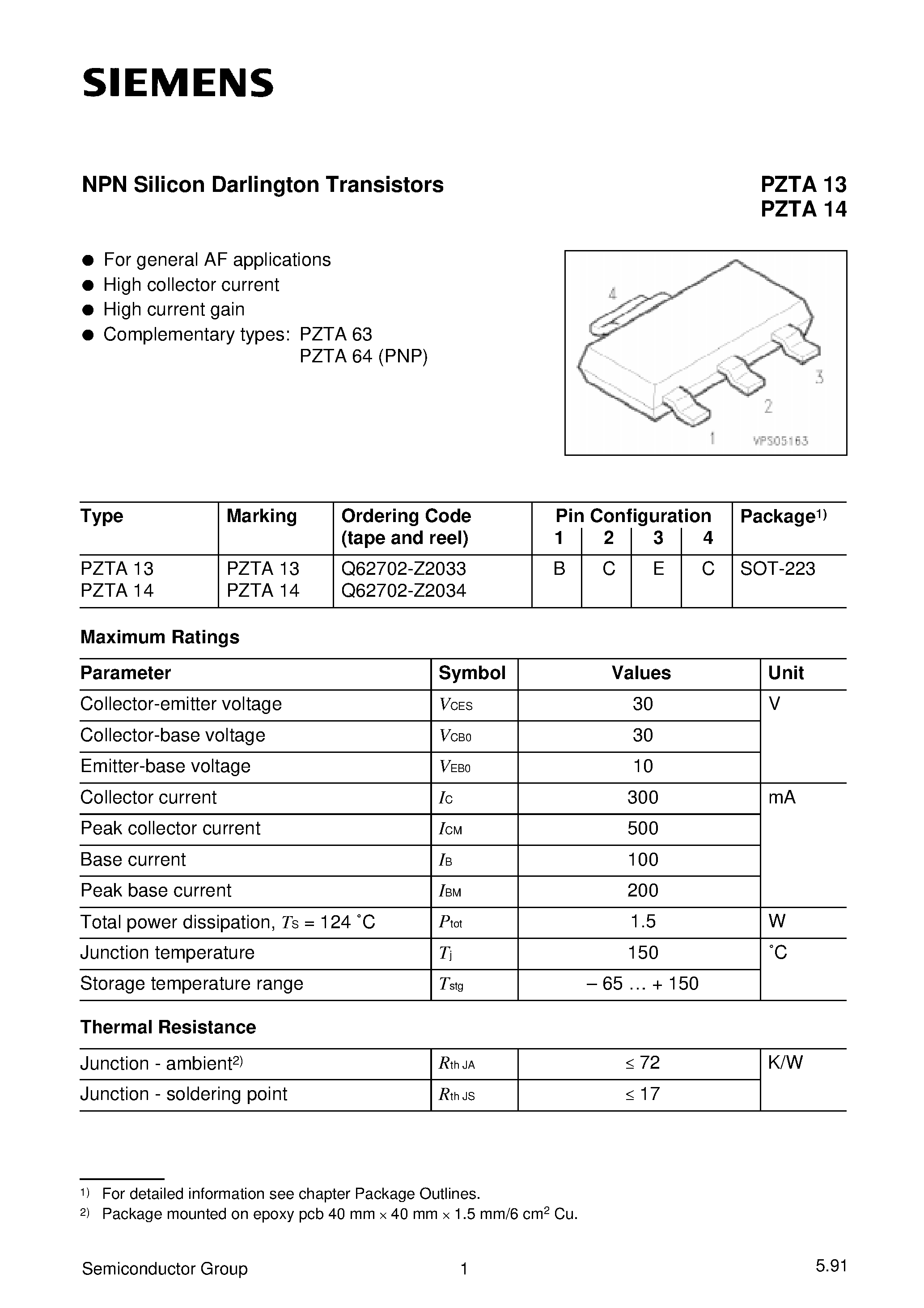 Даташит на микросхему PZTA14 страница 1 Даташит PZTA14 - NPN Silicon Darlington Transistors страница 1