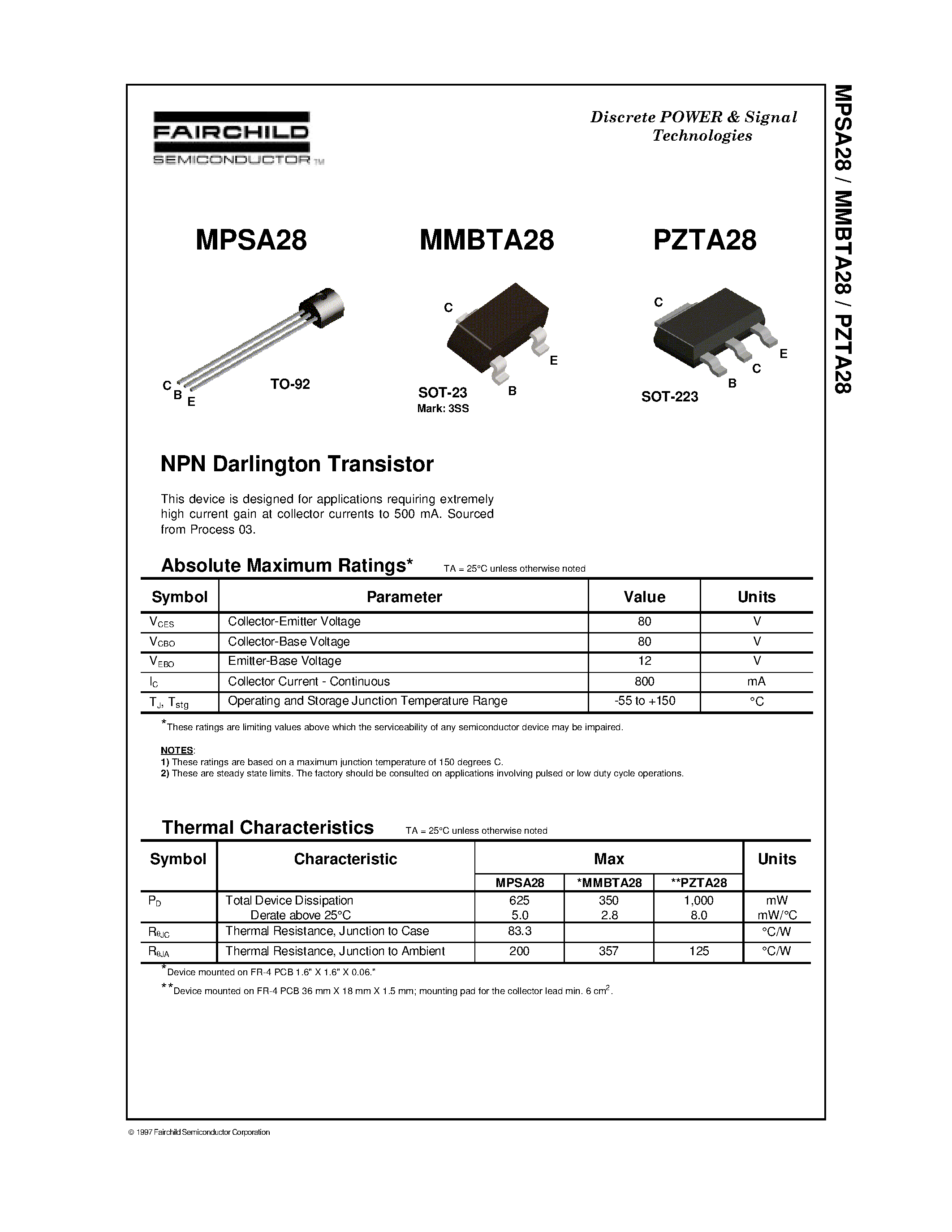 Datasheet PZTA28 - NPN Darlington Transistor page 1