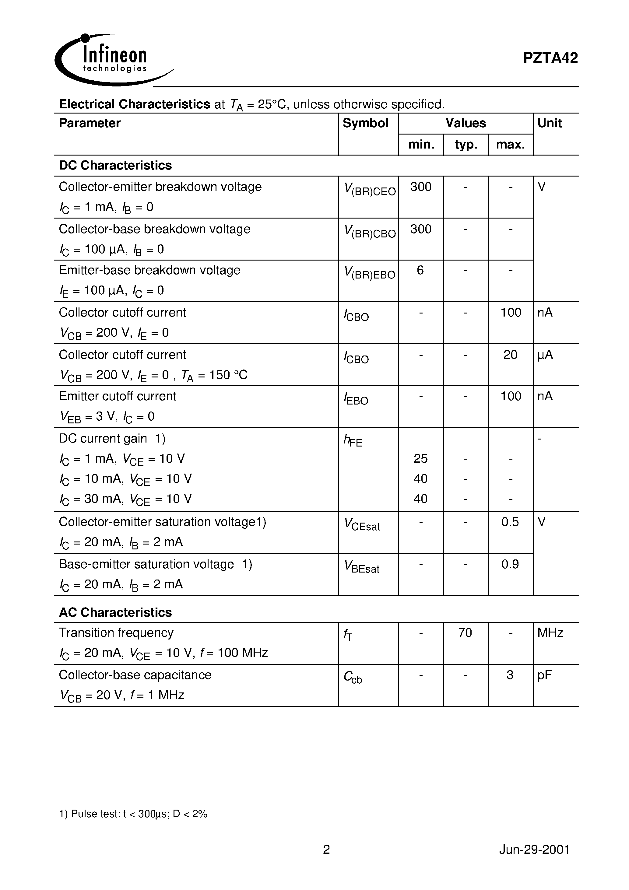 Даташит PZTA42 - NPN Silicon High Voltage Transistor страница 2